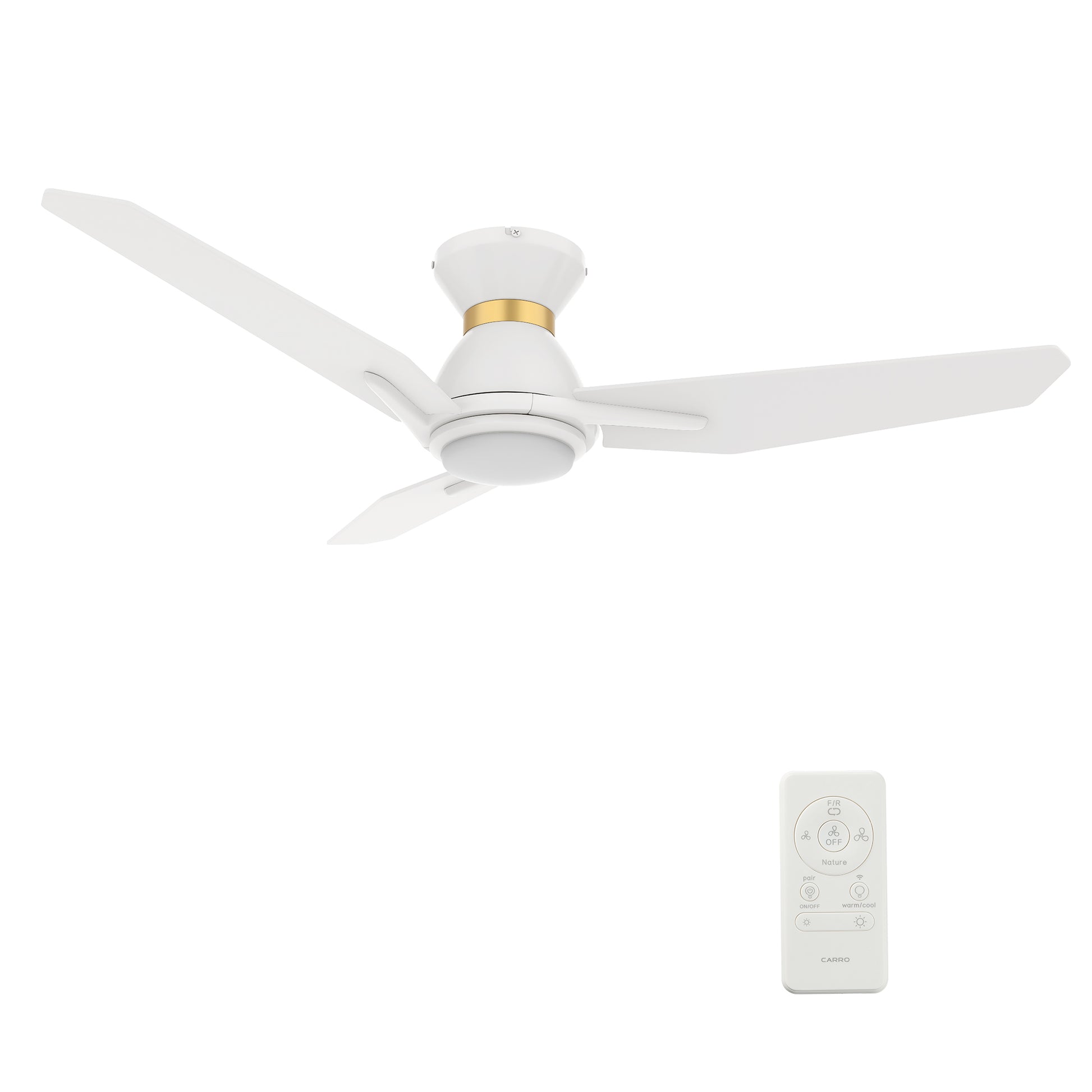 Carro CALEN 52 inch 3-Blade Flush Mount Smart Ceiling Fan with LED Light Kit & Remote Control- White/White