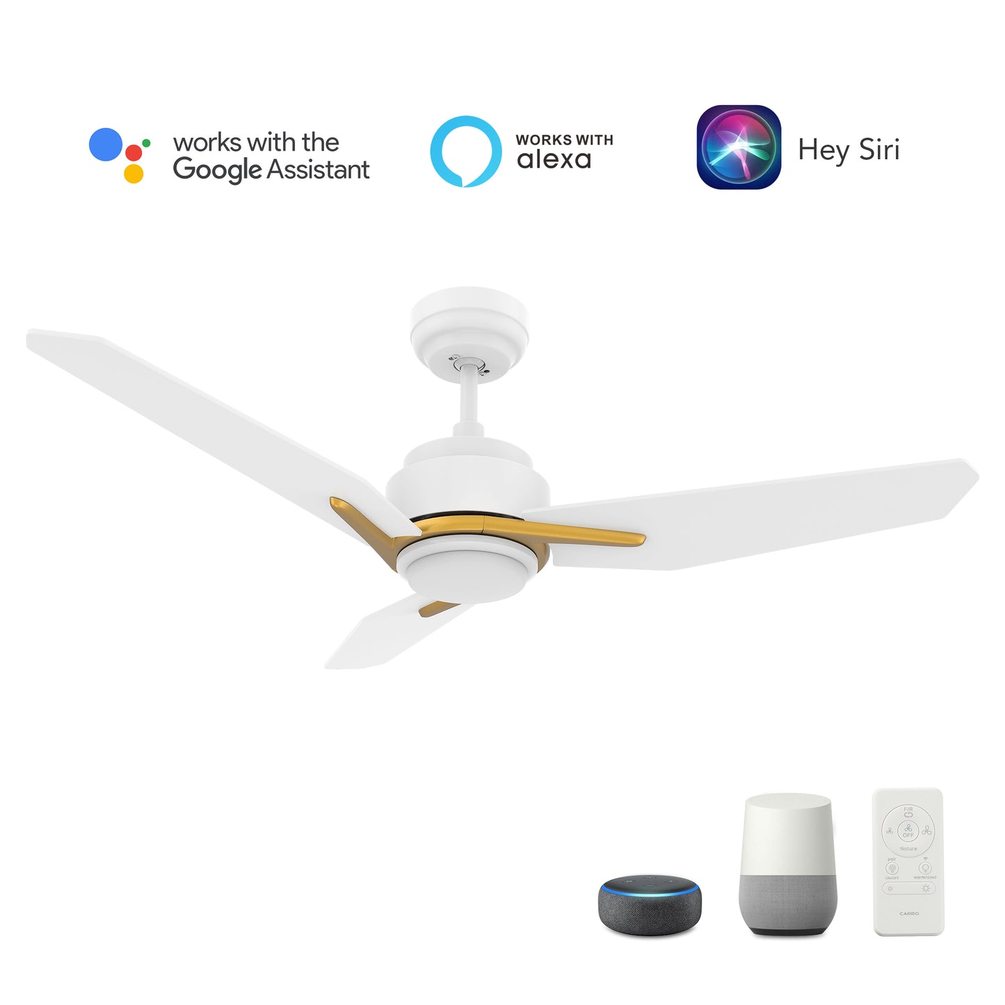 Carro CALEN 52 inch 3-Blade Smart Ceiling Fan with LED Light Kit & Remote Control- White/White (Gold Details)