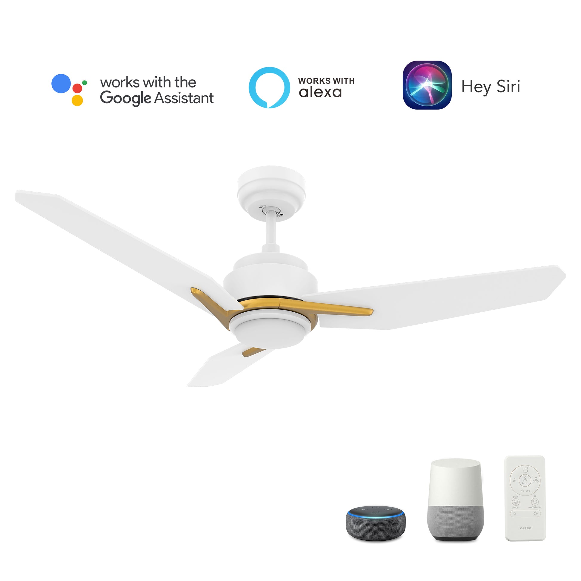 Carro CALEN 52 inch 3-Blade Smart Ceiling Fan with LED Light Kit & Remote Control- White/White (Gold Details)