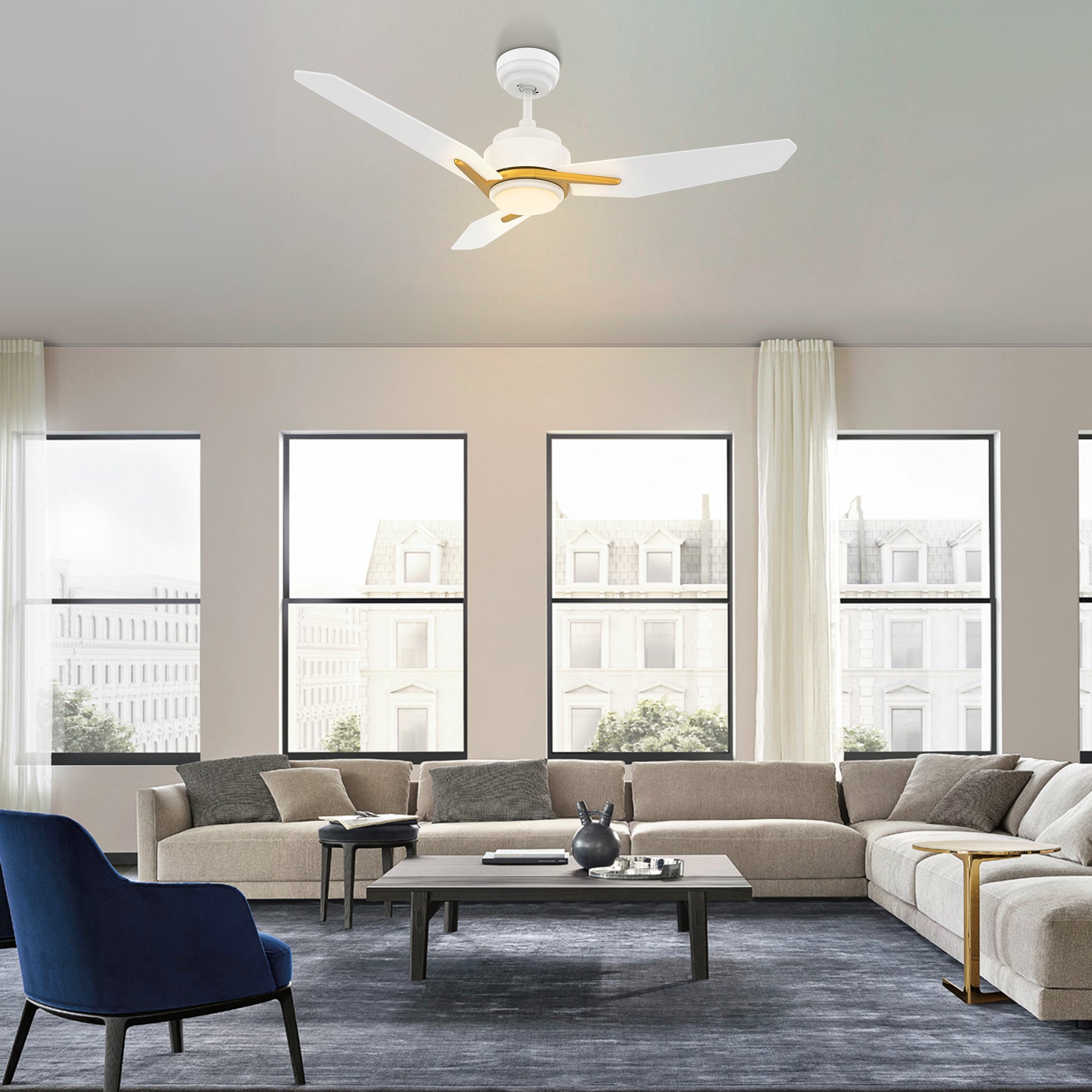Carro CALEN 52 inch 3-Blade Smart Ceiling Fan with LED Light Kit & Remote Control- White/White (Gold Details)