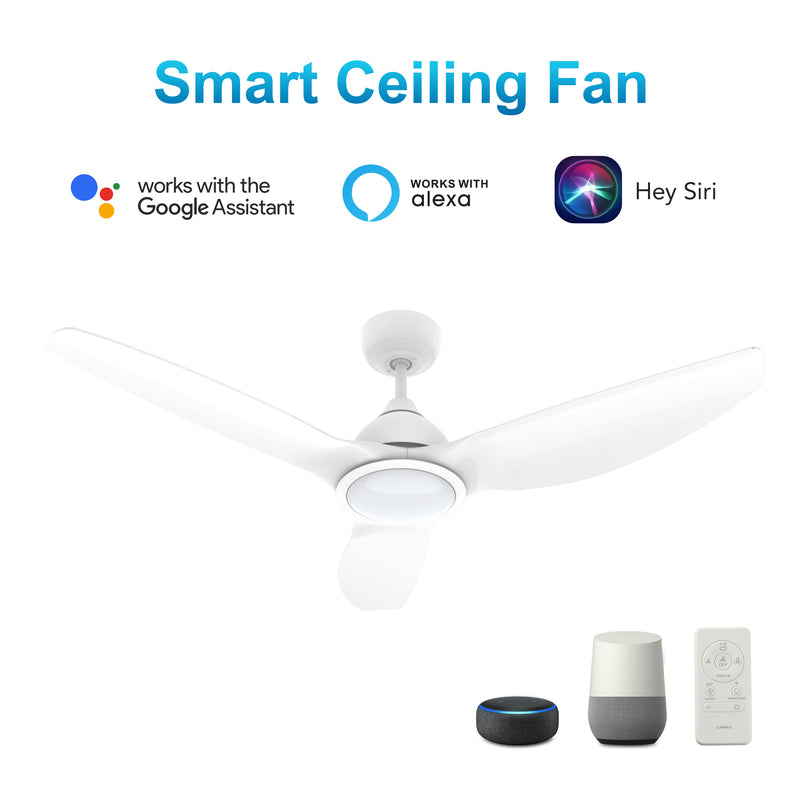 Carro Home CRANSTON 52 inch 3-Blade Smart Ceiling Fan with LED Light Kit & Remote - White/White fan blades
