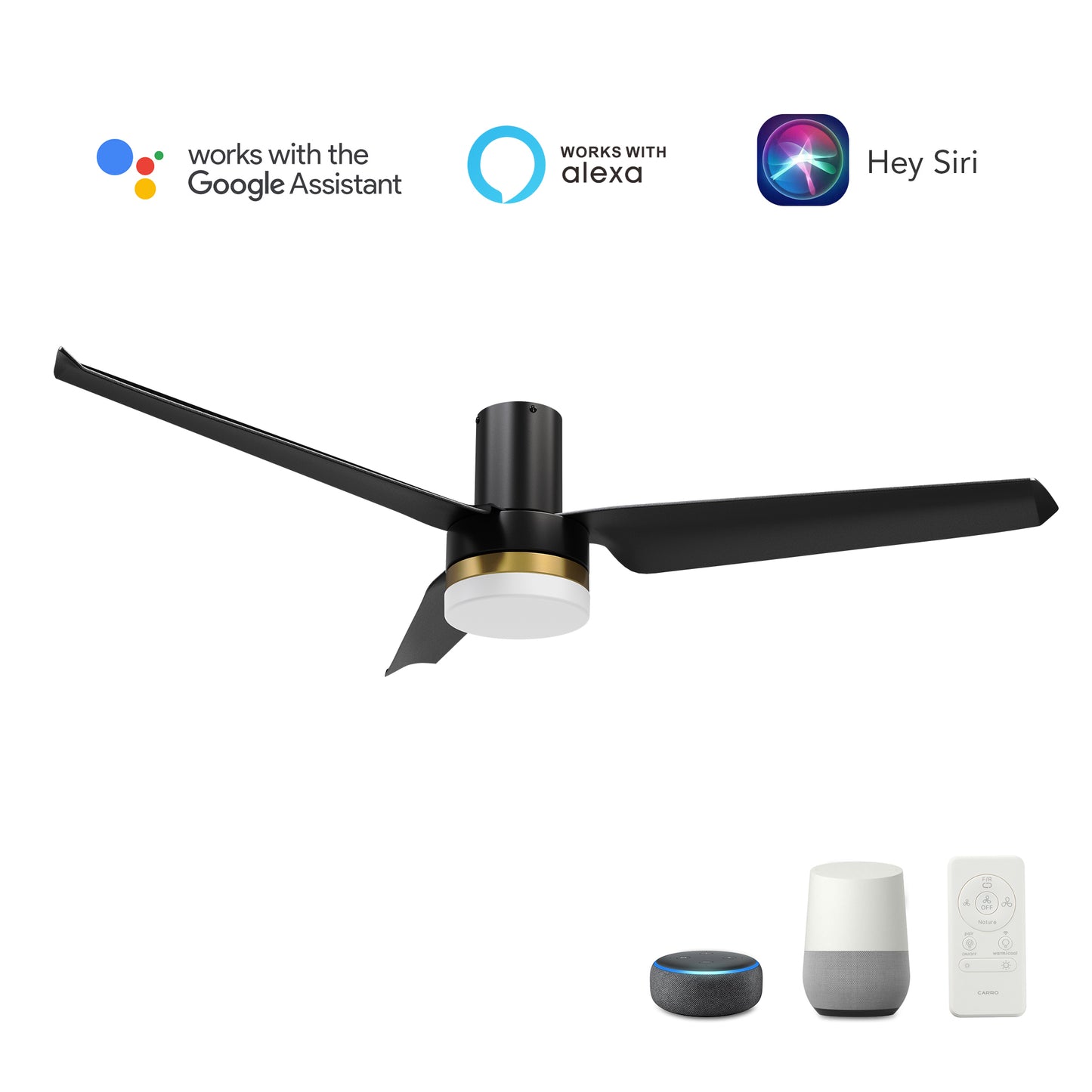 Carro USA BOISE 52 inch 3-Blade Flush Mount Smart Ceiling Fan with LED Light Kit & Remote - Black/Black(Gold Detail)