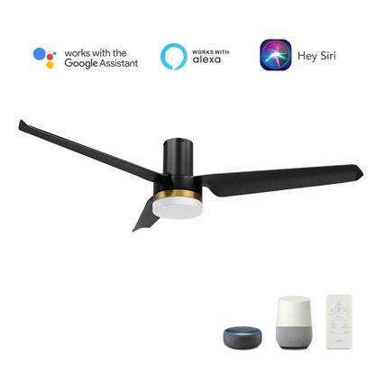 Carro USA BOISE 52 inch 3-Blade Flush Mount Smart Ceiling Fan with LED Light Kit & Remote - Black/Black(Gold Detail)