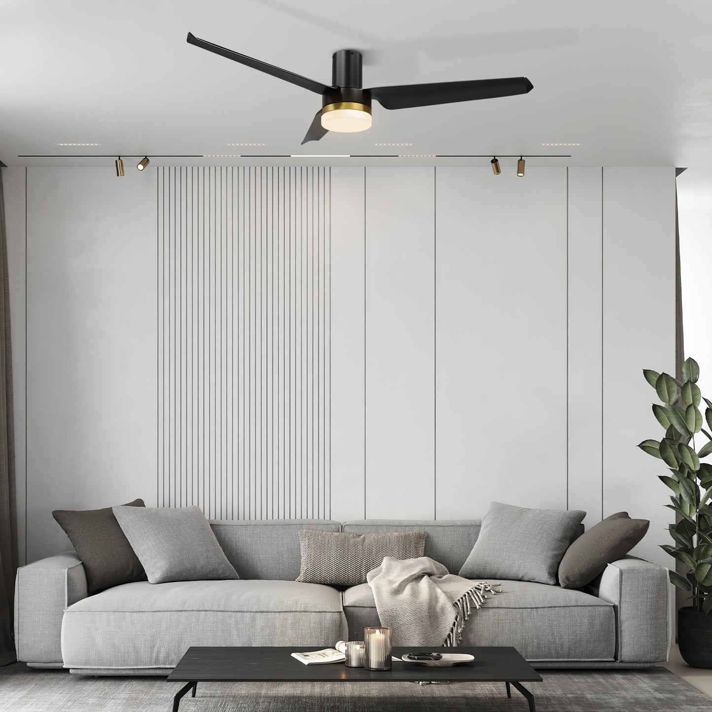 Carro USA BOISE 52 inch 3-Blade Flush Mount Smart Ceiling Fan with LED Light Kit & Remote - Black/Black(Gold Detail)