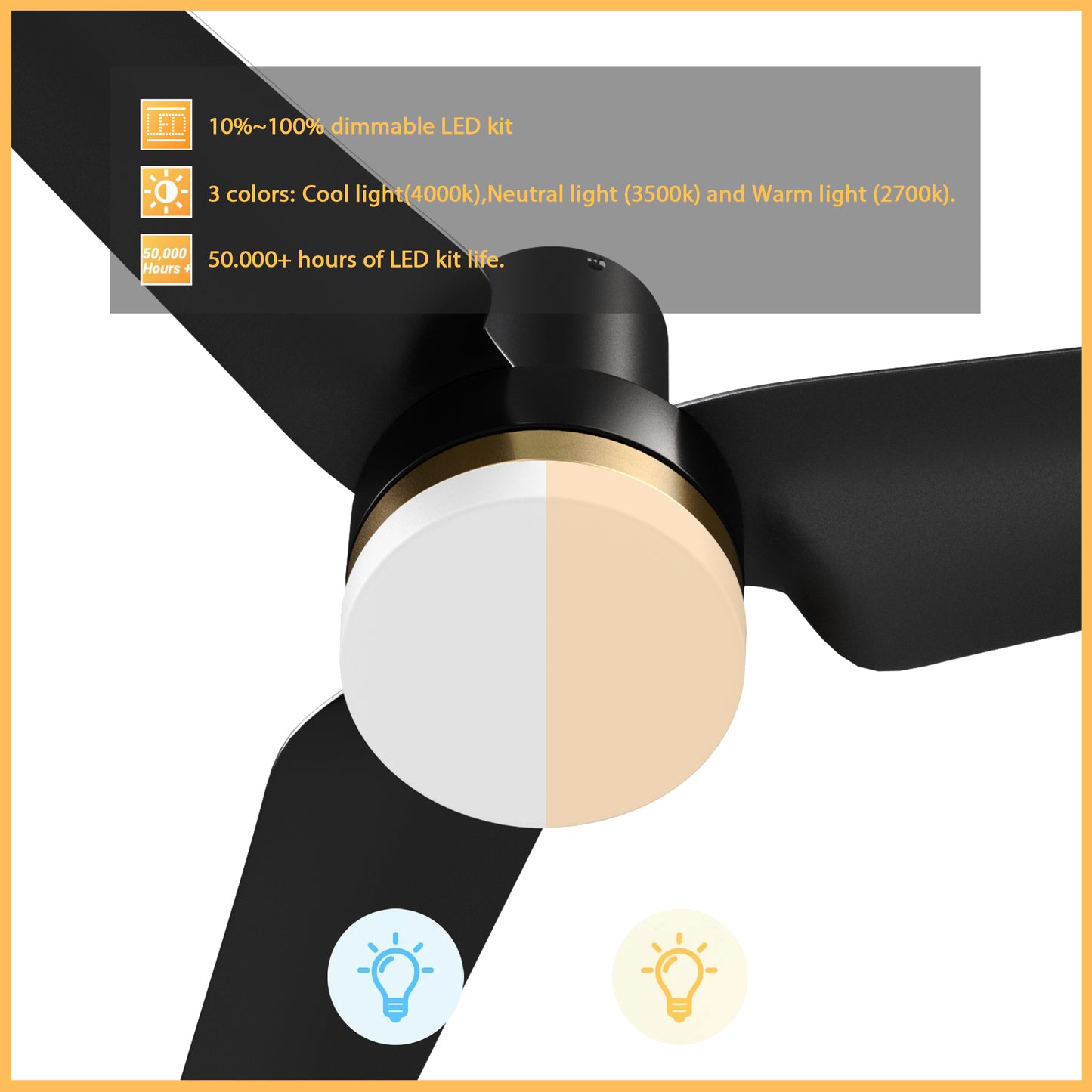Carro USA BOISE 52 inch 3-Blade Flush Mount Smart Ceiling Fan with LED Light Kit & Remote - Black/Black(Gold Detail)