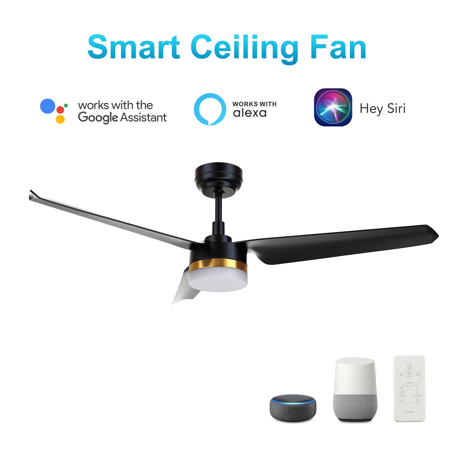Carro ATTICUS 52 inch 3-Blade Smart Ceiling Fan with LED Light Kit & Remote Control- Black/Black (Gold Detail)
