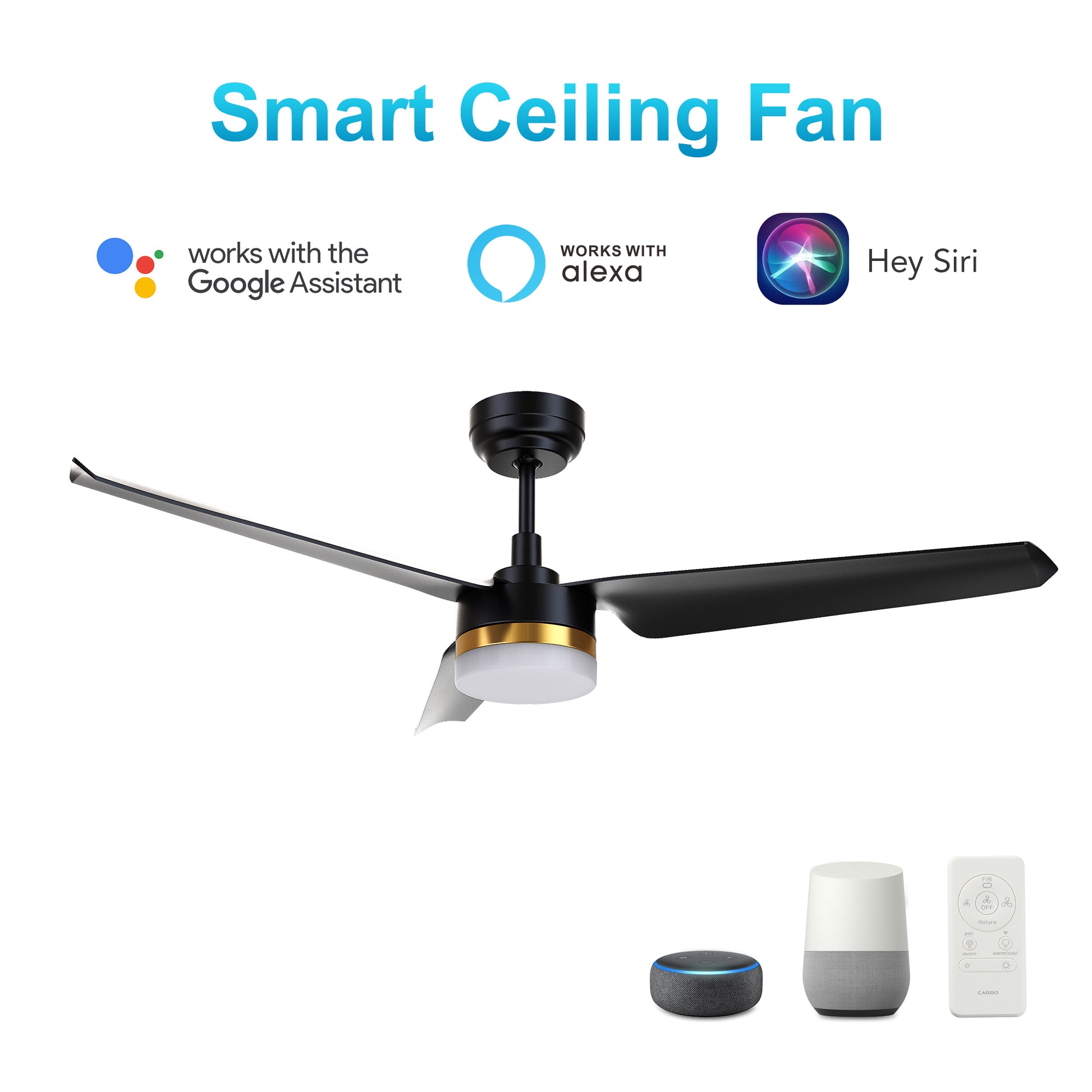 Carro ATTICUS 52 inch 3-Blade Smart Ceiling Fan with LED Light Kit & Remote Control- Black/Black (Gold Detail)