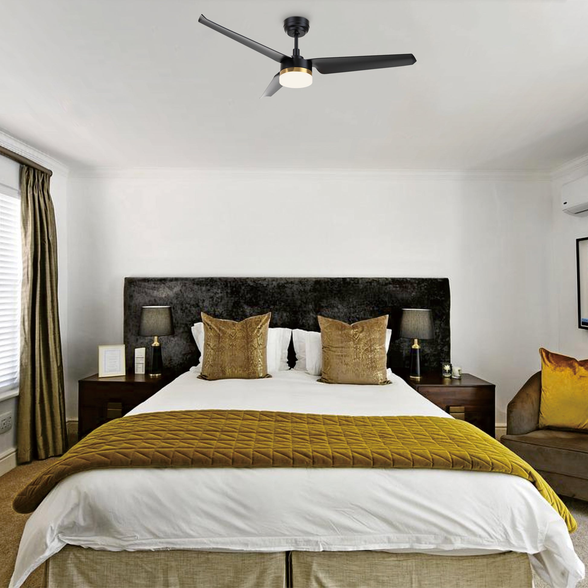 Carro ATTICUS 52 inch 3-Blade Smart Ceiling Fan with LED Light Kit & Remote Control- Black/Black (Gold Detail)