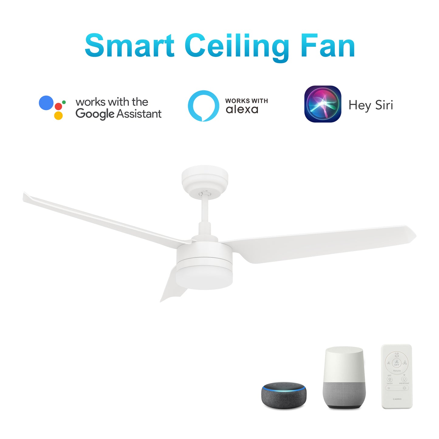 Carro ATTICUS 52 inch 3-Blade Smart Ceiling Fan with LED Light Kit & Remote Control- White/White