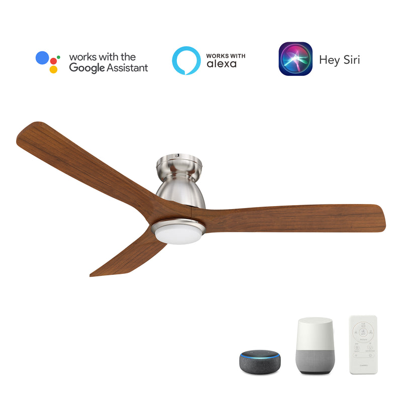 Carro AKRON 52 inch 3-Blade Flush Mount Smart Ceiling Fan with LED Light Kit & Remote- Silver/Red Wood