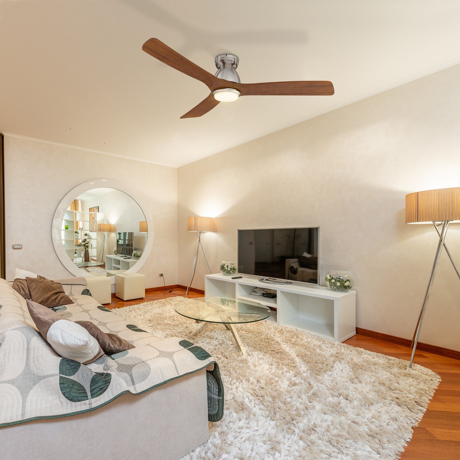 Carro AKRON 52 inch 3-Blade Flush Mount Smart Ceiling Fan with LED Light Kit & Remote- Silver/Red Wood