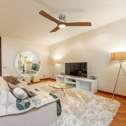 Carro AKRON 52 inch 3-Blade Flush Mount Smart Ceiling Fan with LED Light Kit & Remote- Silver/Red Wood