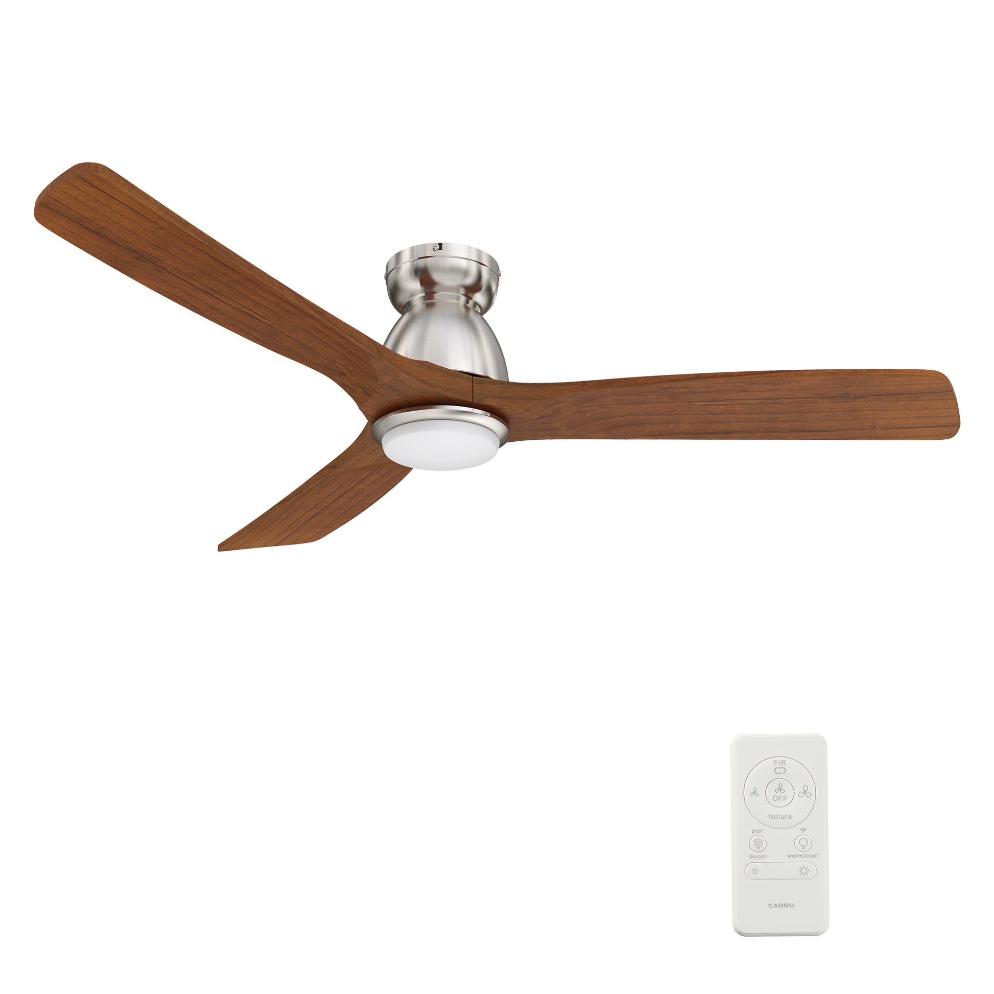 Carro AKRON 52 inch 3-Blade Flush Mount Smart Ceiling Fan with LED Light Kit & Remote- Silver/Red Wood