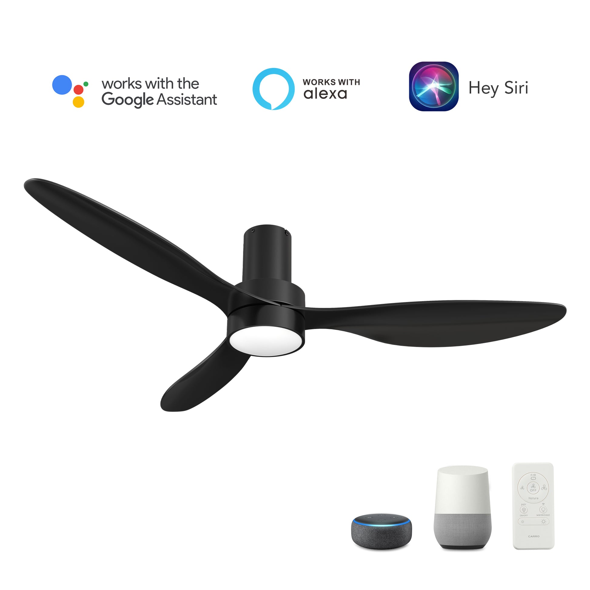 Carro AURORA 52 inch 3-Blade Flush Mount Smart Ceiling Fan with LED Light Kit & Remote- Black/Black