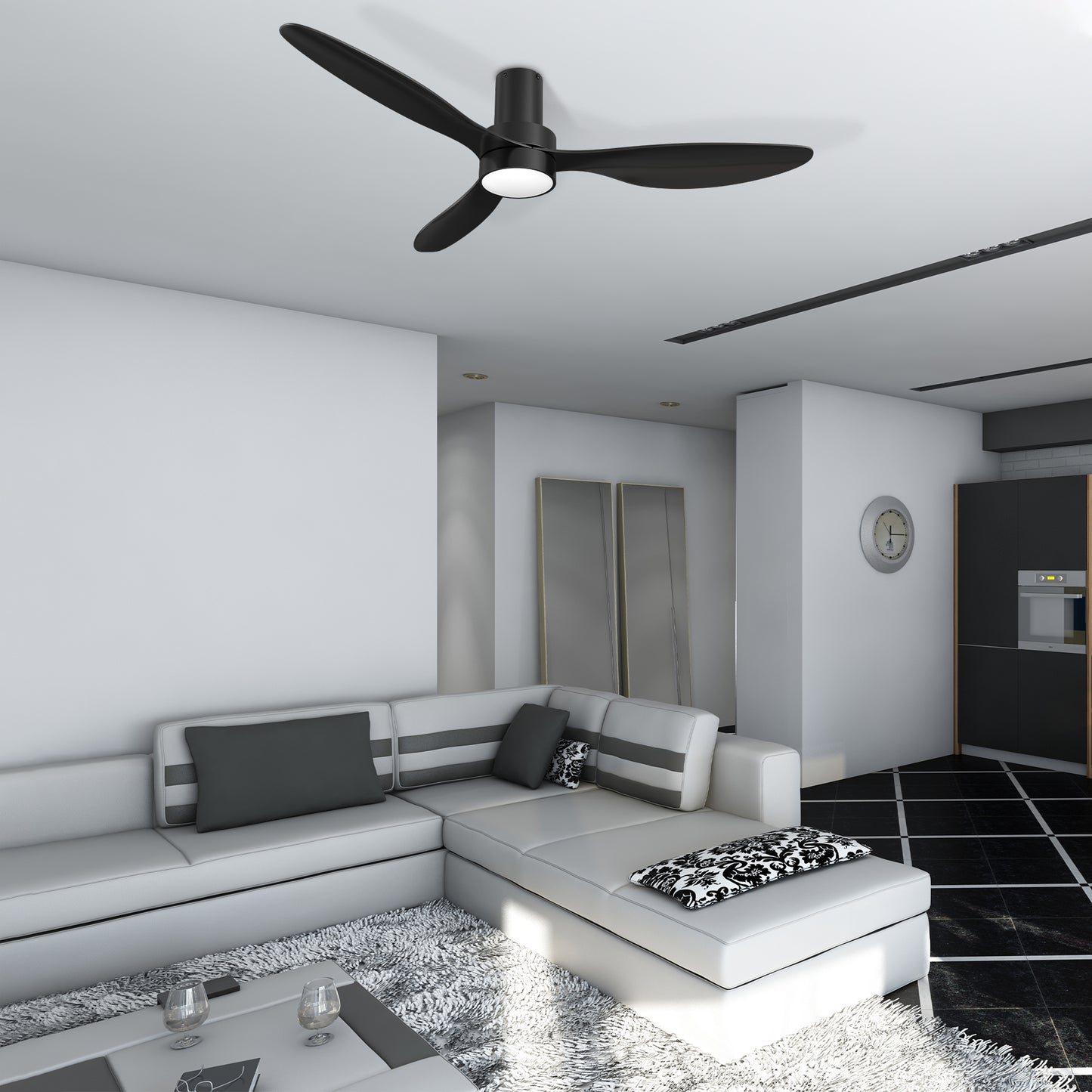 Carro AURORA 52 inch 3-Blade Flush Mount Smart Ceiling Fan with LED Light Kit & Remote- Black/Black