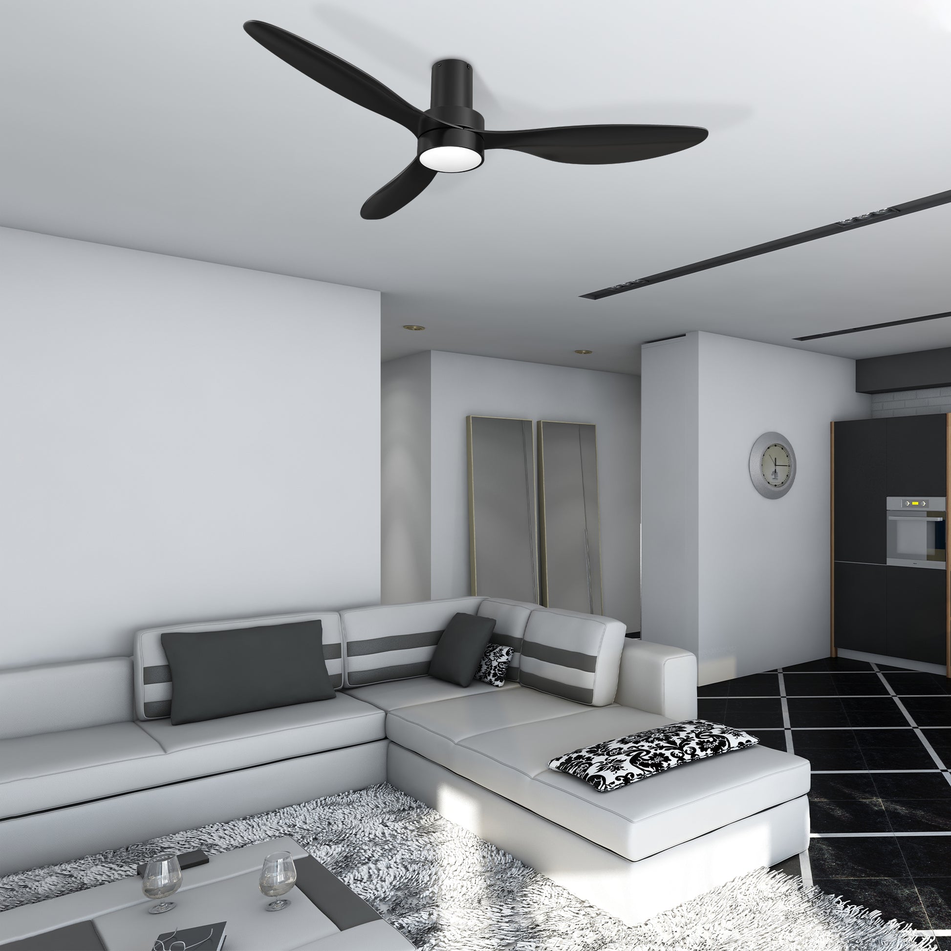 Carro AURORA 52 inch 3-Blade Flush Mount Smart Ceiling Fan with LED Light Kit & Remote- Black/Black