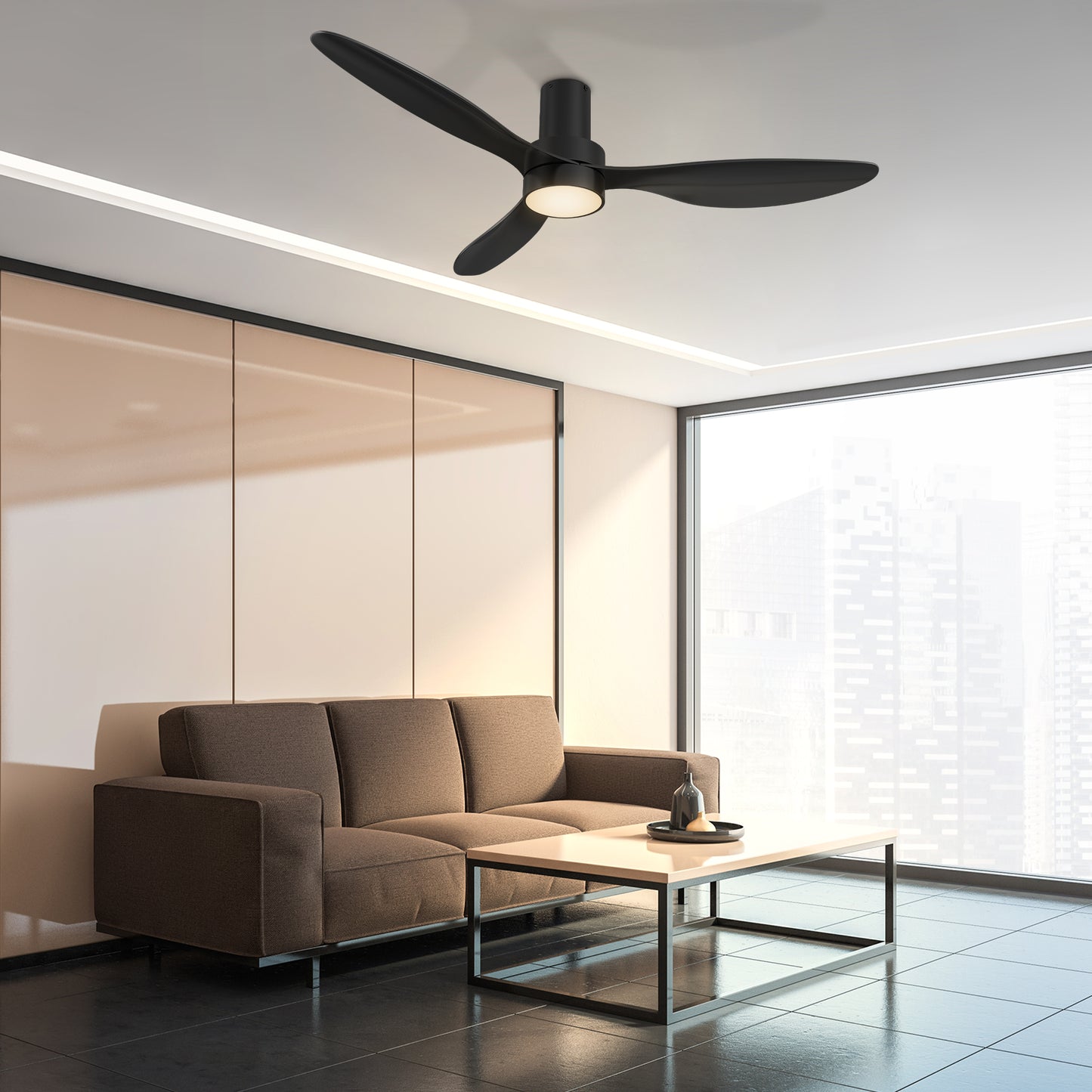 Carro AURORA 52 inch 3-Blade Flush Mount Smart Ceiling Fan with LED Light Kit & Remote- Black/Black