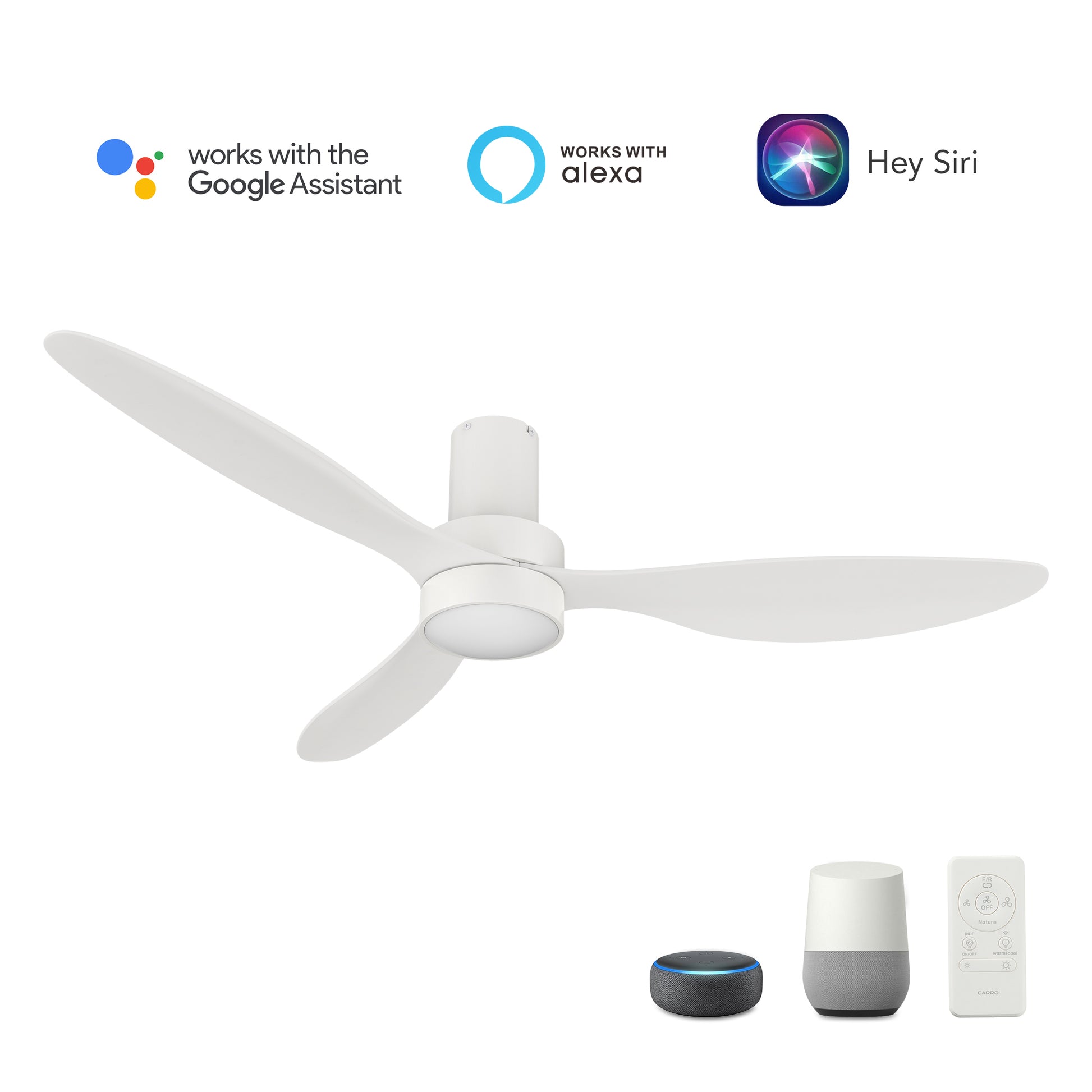 Carro AURORA 52 inch 3-Blade Flush Mount Smart Ceiling Fan with LED Light Kit & Remote- White/White