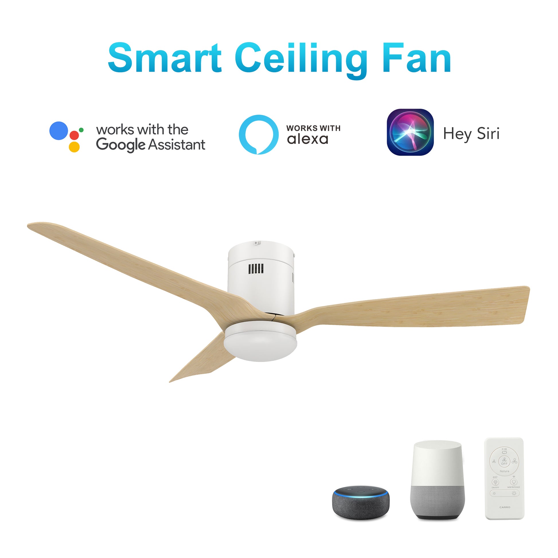 Carro SPEZIA 52 inch 3-Blade Flush Mount Smart Ceiling Fan with LED Light Kit & Remote - White/Bamboo Wood fan blades