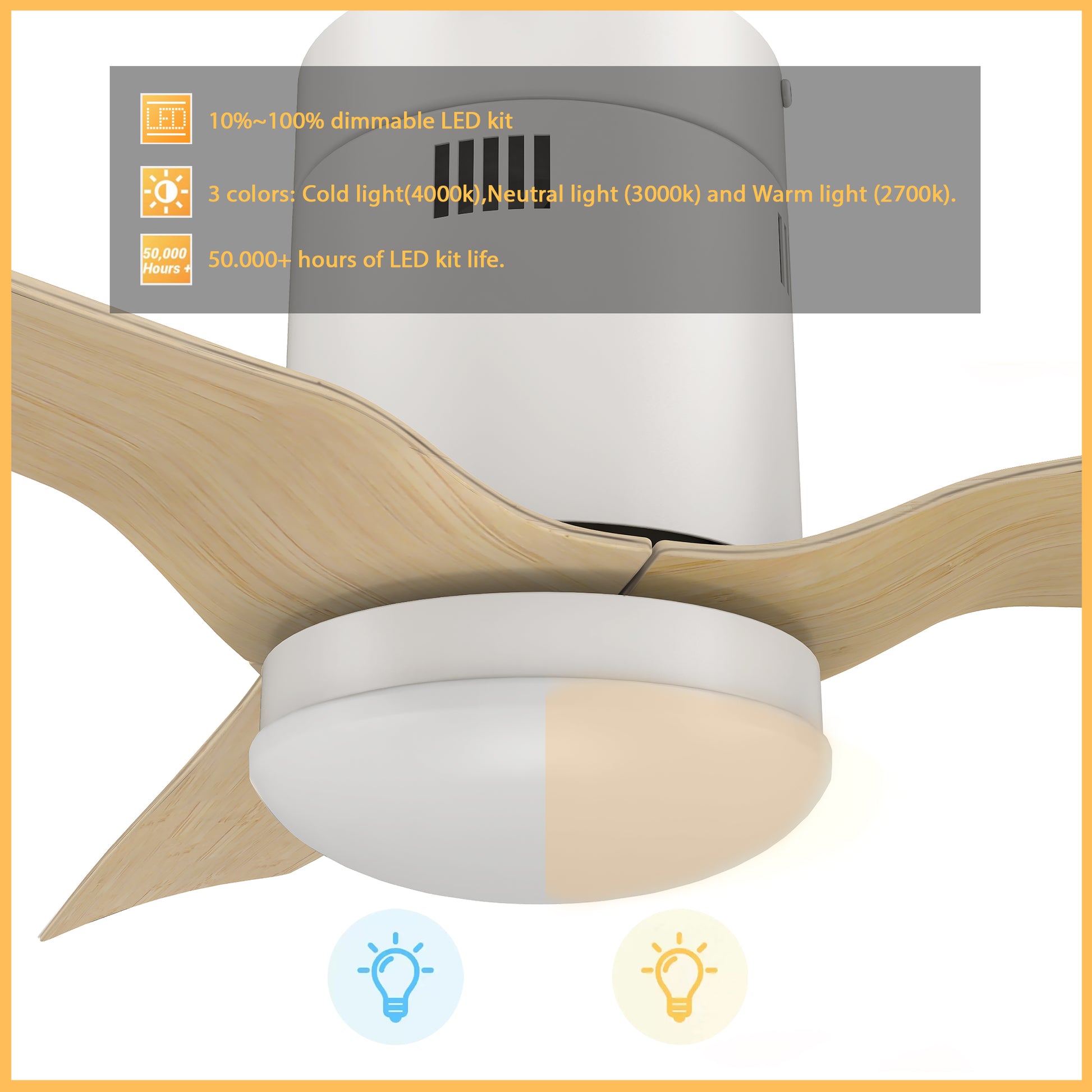 Carro SPEZIA 52 inch 3-Blade Flush Mount Smart Ceiling Fan with LED Light Kit & Remote - White/Bamboo Wood fan blades