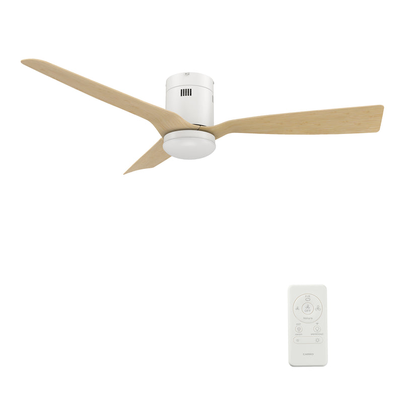 Carro SPEZIA 52 inch 3-Blade Flush Mount Smart Ceiling Fan with LED Light Kit & Remote - White/Bamboo Wood fan blades