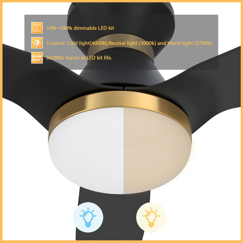 Carro SPEZIA 52 inch 3-Blade Flush Mount Smart Ceiling Fan with LED Light Kit & Remote - Black/Black (Gold Detail)
