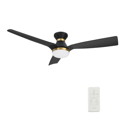 Carro SPEZIA 52 inch 3-Blade Flush Mount Smart Ceiling Fan with LED Light Kit & Remote - Black/Black (Gold Detail)