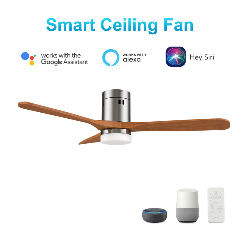 Carro LABELLE 52 inch 3-Blade Flush Mount Smart Ceiling Fan with LED Light Kit & Remote- Silver/Red Wood