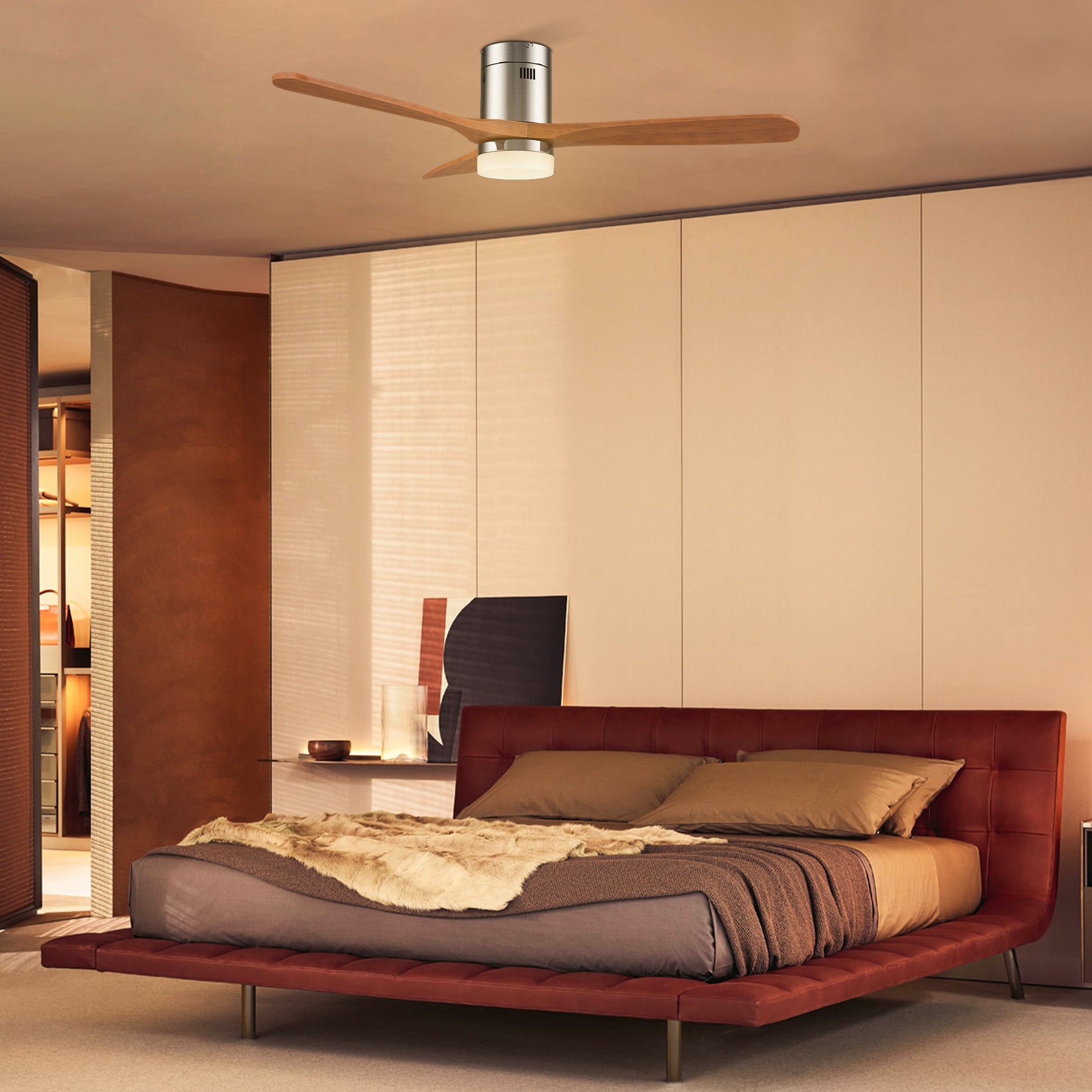 Carro LABELLE 52 inch 3-Blade Flush Mount Smart Ceiling Fan with LED Light Kit & Remote- Silver/Red Wood