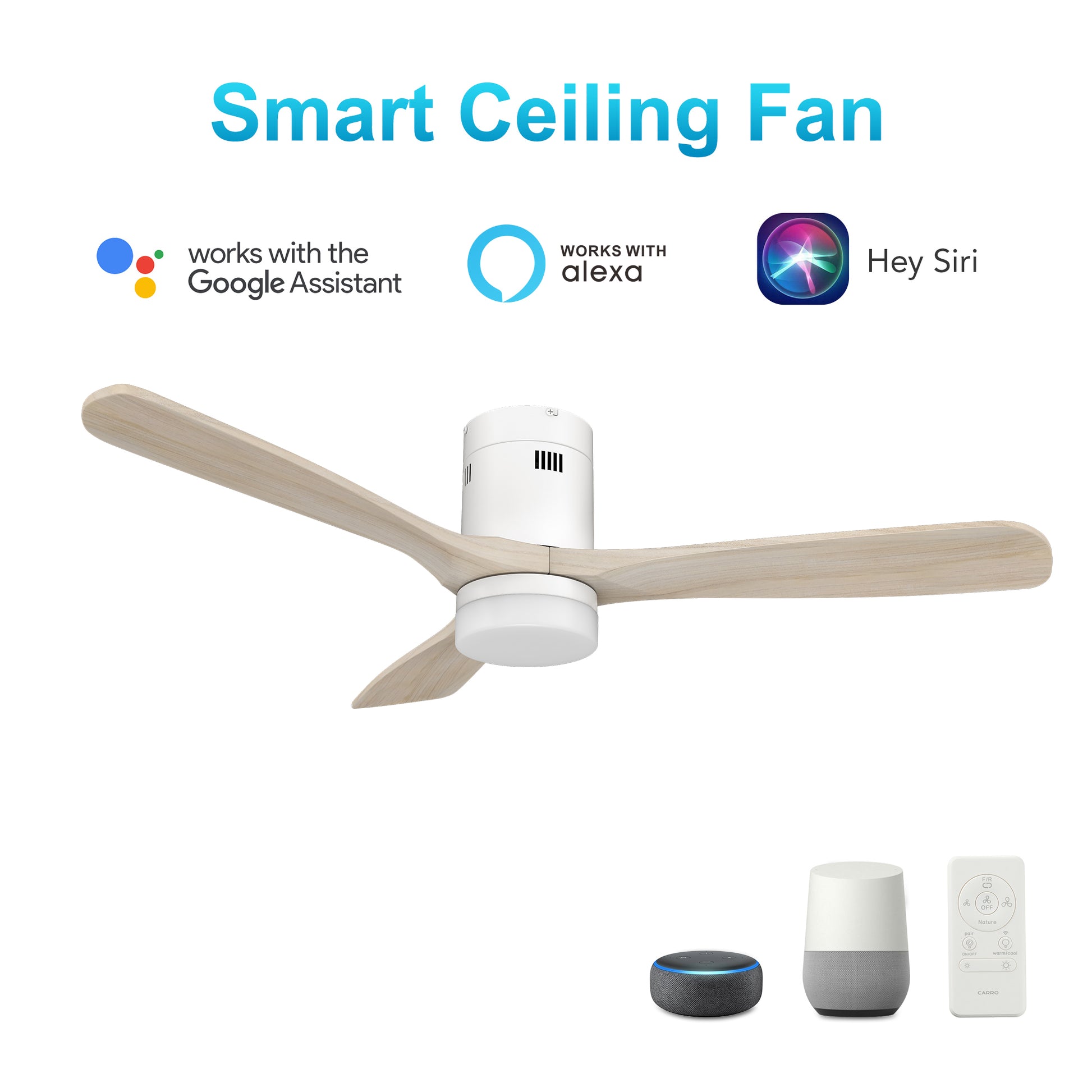 Carro LABELLE 52 inch 3-Blade Flush Mount Smart Ceiling Fan with LED Light Kit & Remote- White/White Oak