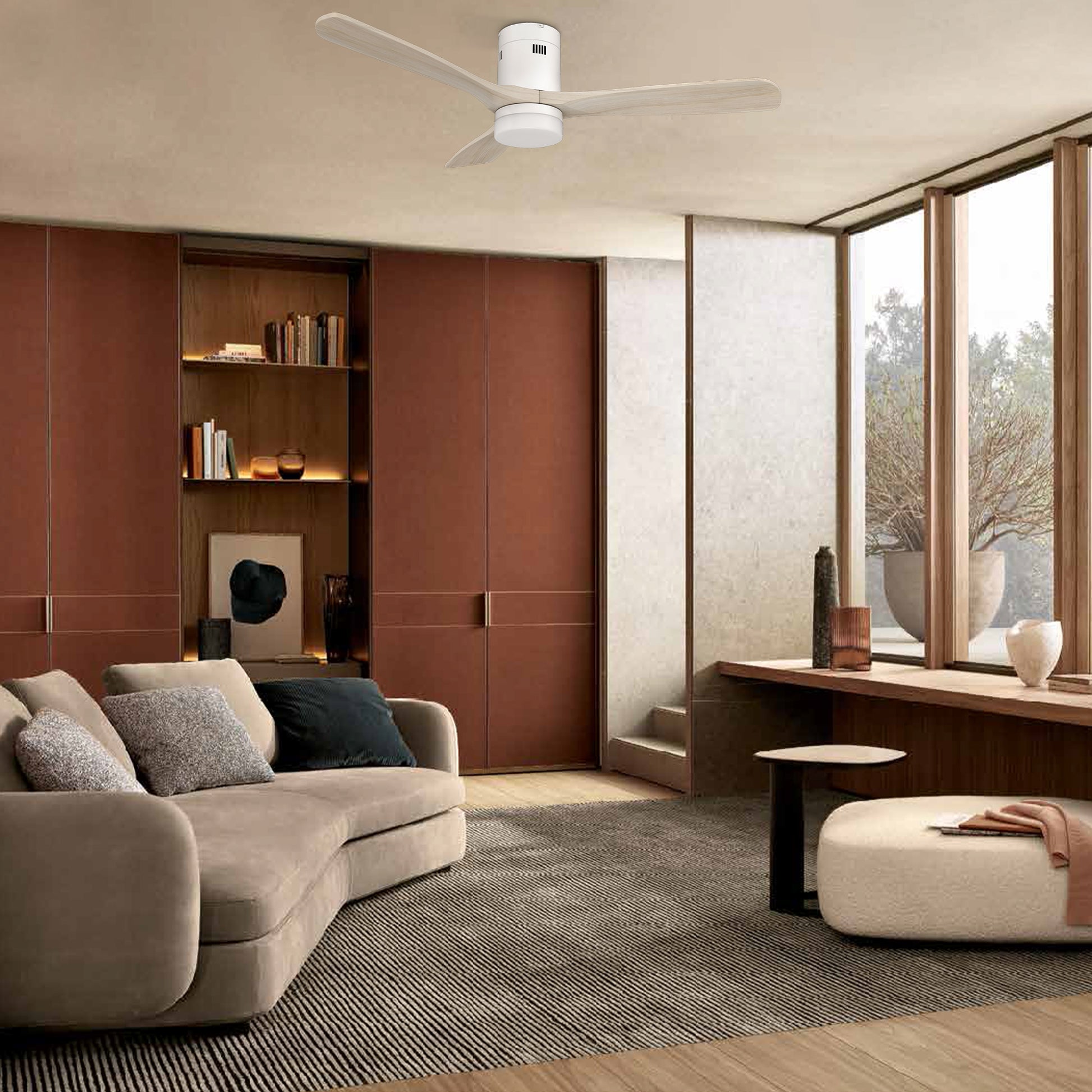 Carro LABELLE 52 inch 3-Blade Flush Mount Smart Ceiling Fan with LED Light Kit & Remote- White/White Oak
