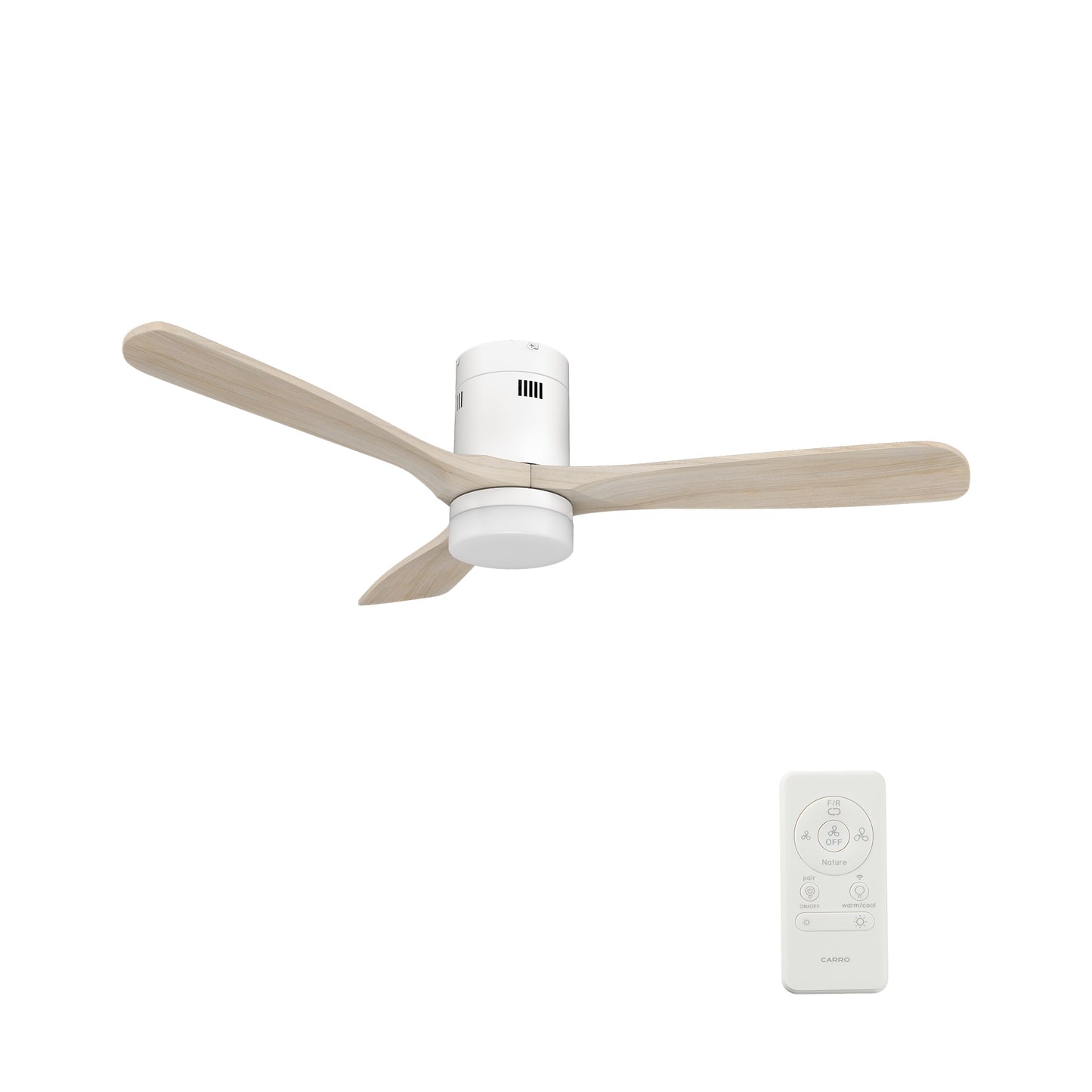 Carro LABELLE 52 inch 3-Blade Flush Mount Smart Ceiling Fan with LED Light Kit & Remote- White/White Oak
