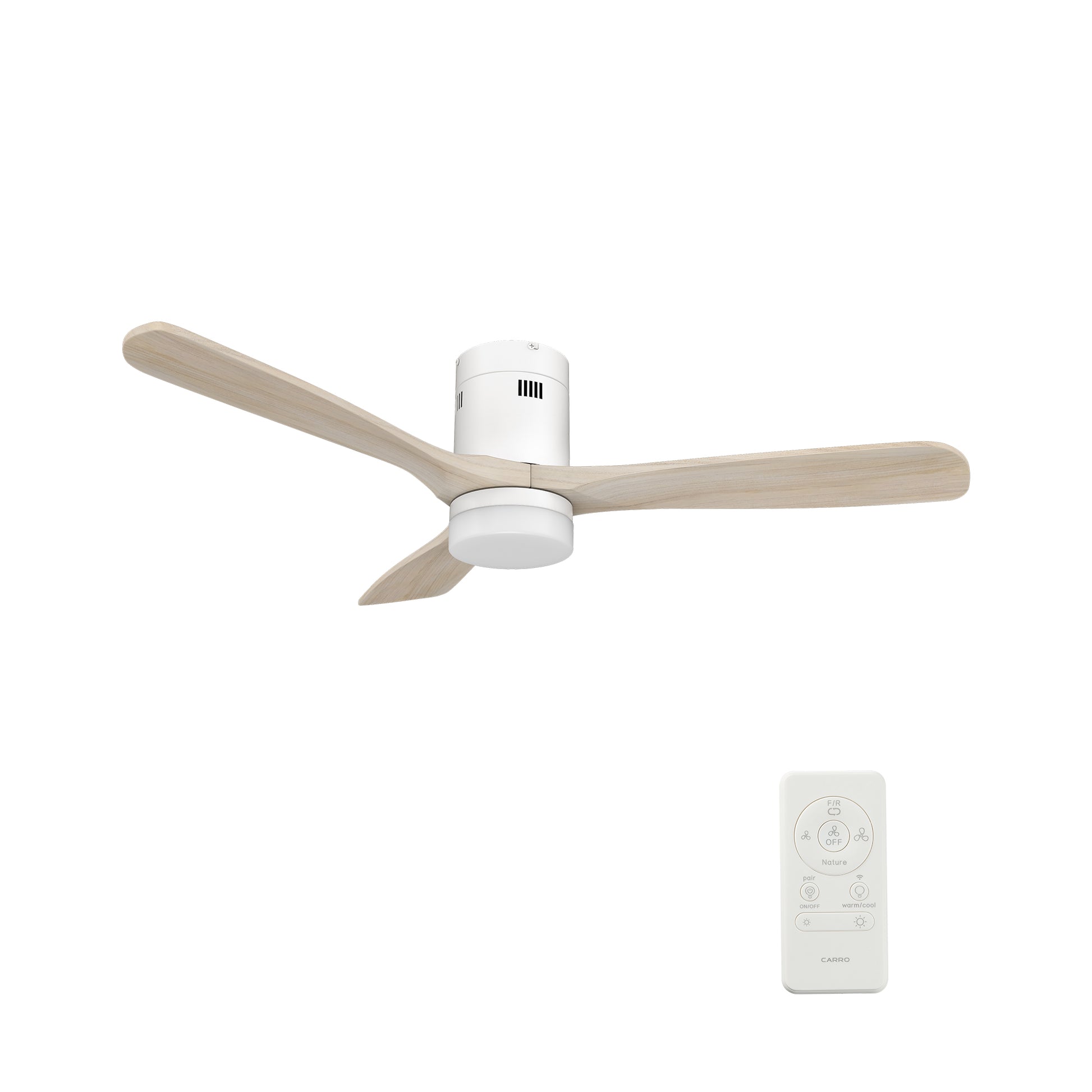 Carro LABELLE 52 inch 3-Blade Flush Mount Smart Ceiling Fan with LED Light Kit & Remote- White/White Oak
