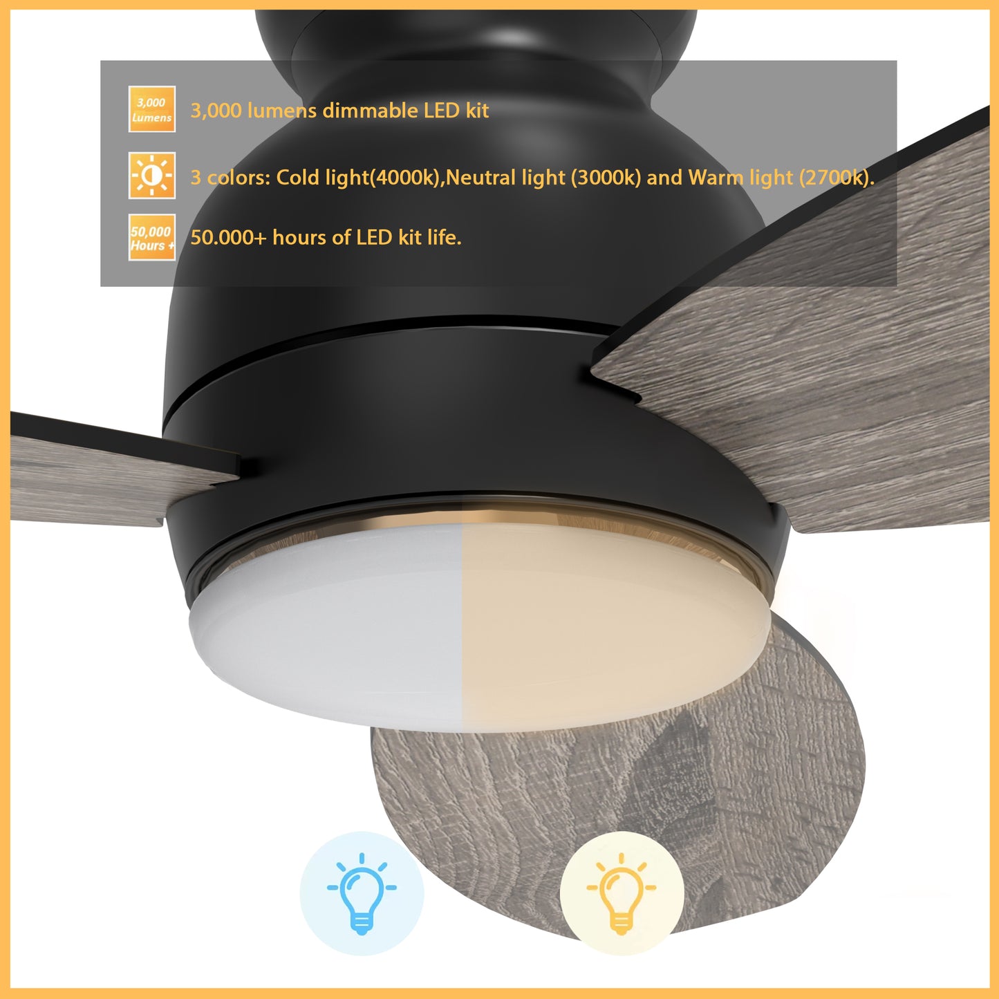 Carro Home TRENTO 52 inch 3-Blade Smart Ceiling Fan with LED Light Kit & Remote- Dark Wood/Light Wood (Reversible Blades)