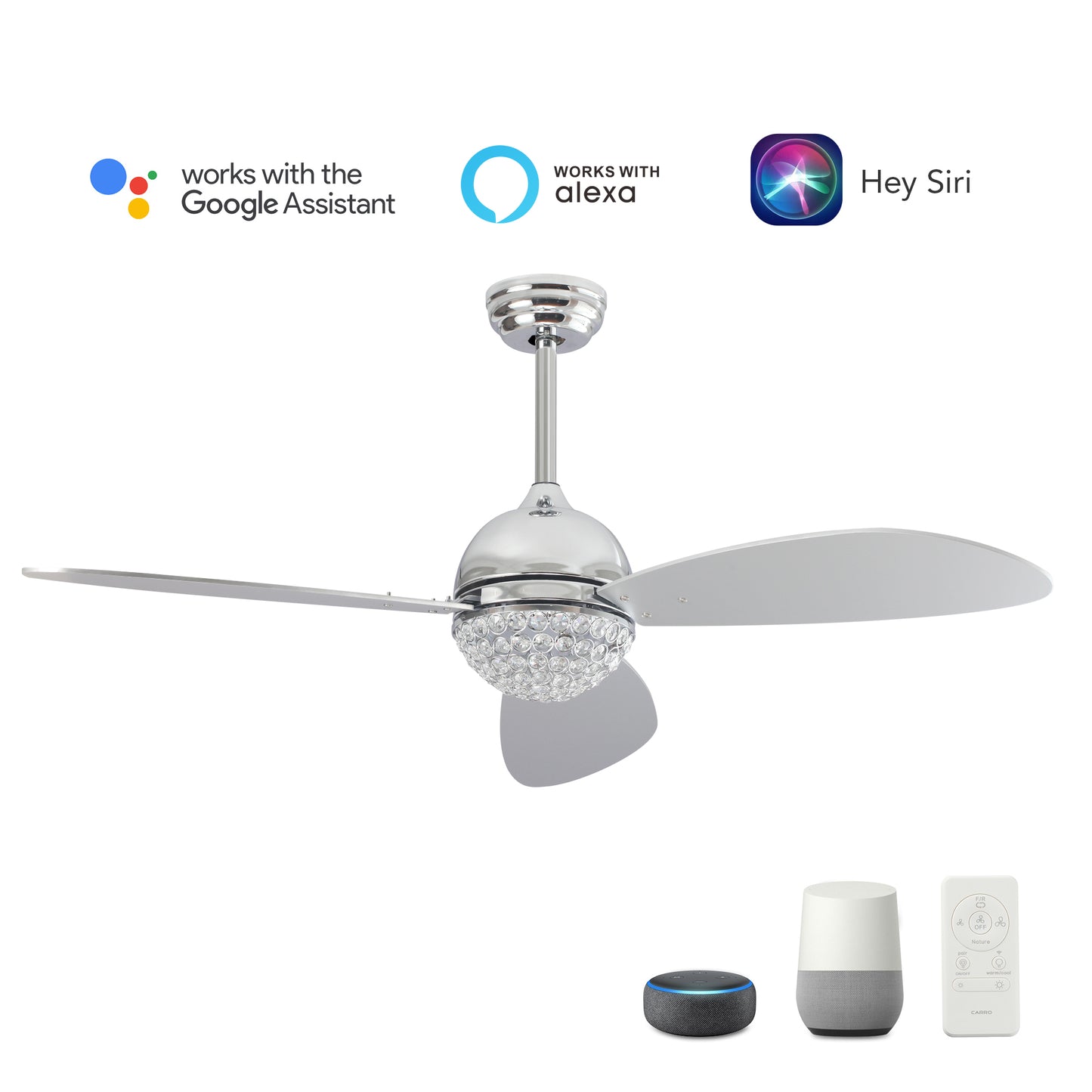 Carro COREN 52 inch 3-Blade Crystal Chandelier Smart Ceiling Fan with LED Light Kit & Remote - Silver/Silver