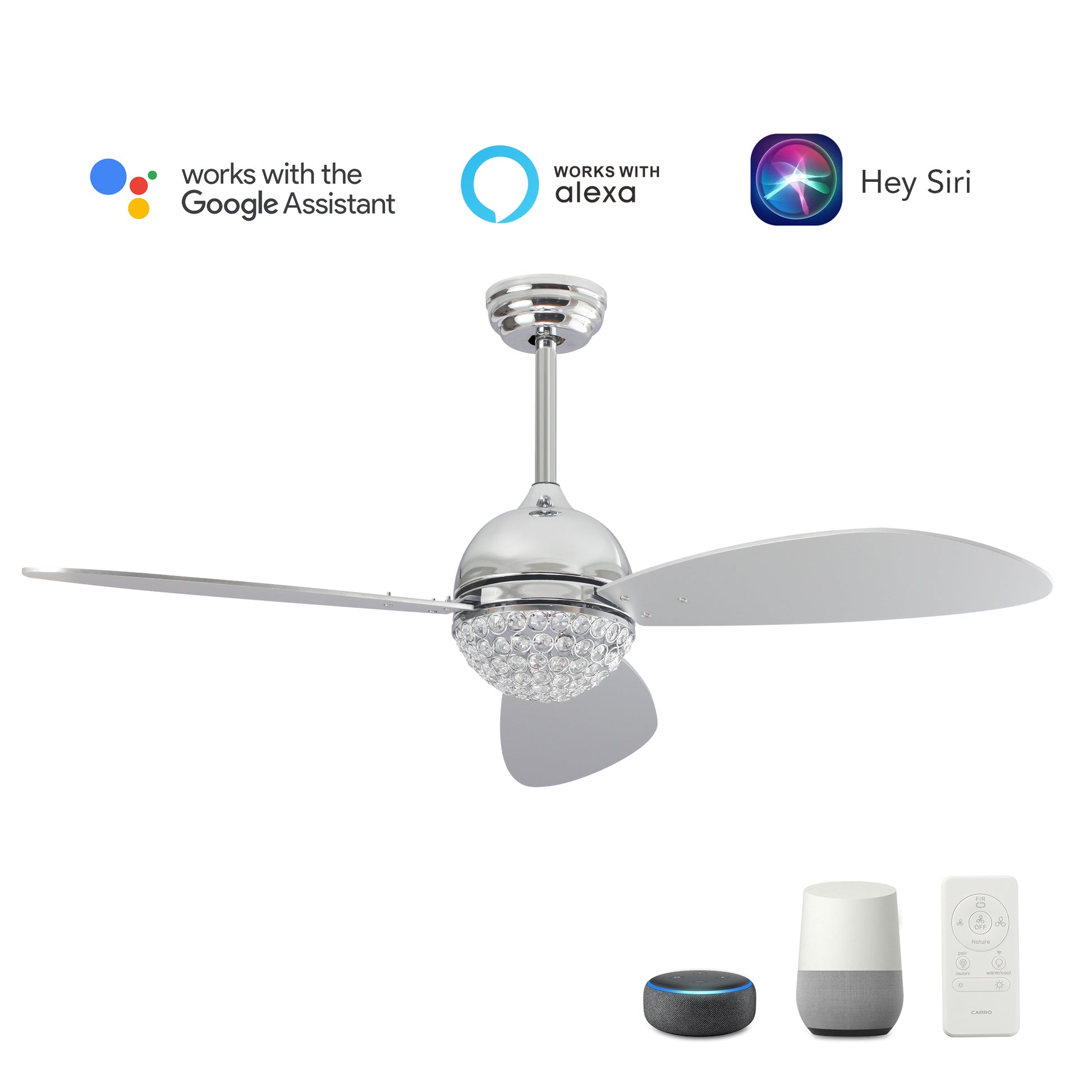 Carro COREN 52 inch 3-Blade Crystal Chandelier Smart Ceiling Fan with LED Light Kit & Remote - Silver/Silver