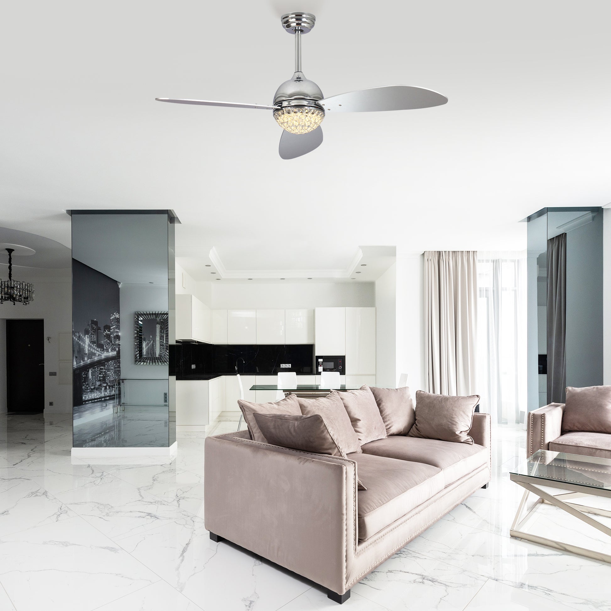 Carro COREN 52 inch 3-Blade Crystal Chandelier Smart Ceiling Fan with LED Light Kit & Remote - Silver/Silver