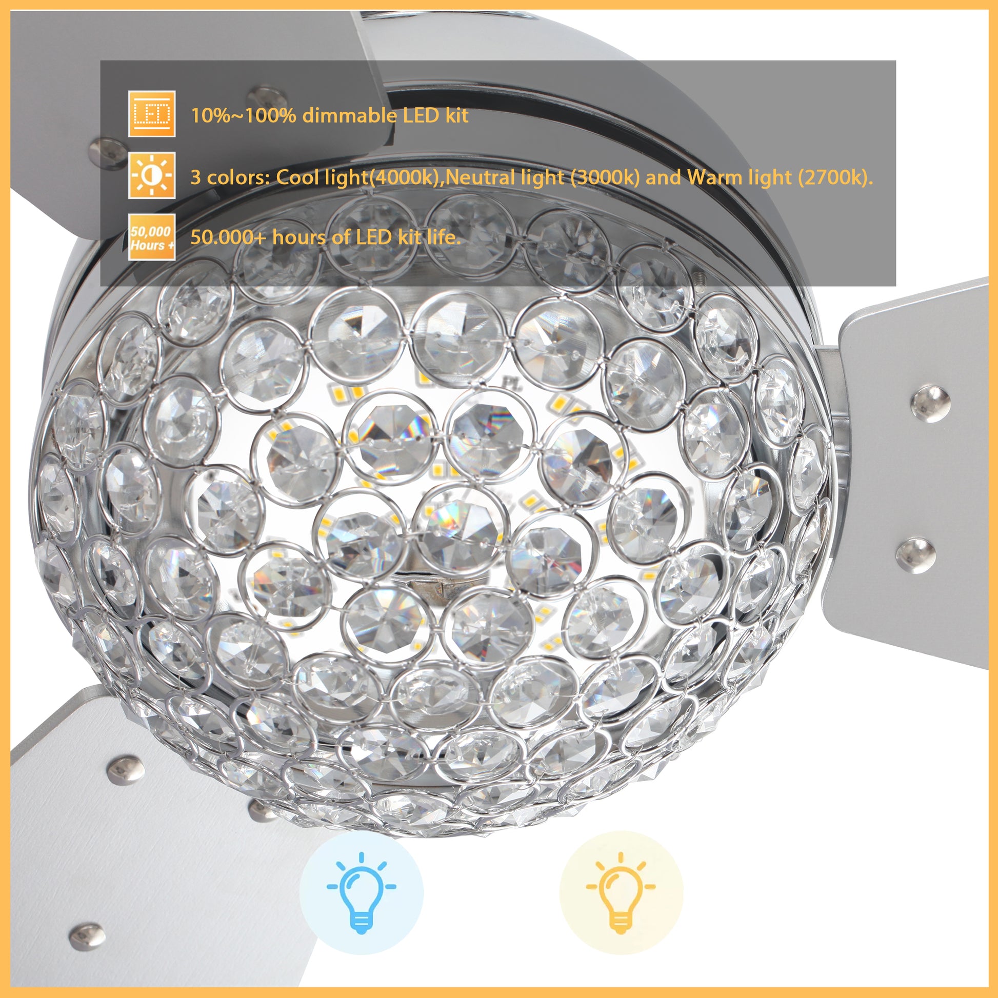 Carro COREN 52 inch 3-Blade Crystal Chandelier Smart Ceiling Fan with LED Light Kit & Remote - Silver/Silver