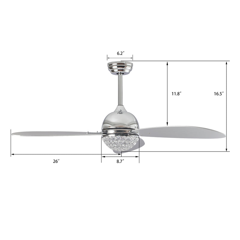 Carro COREN 52 inch 3-Blade Crystal Chandelier Smart Ceiling Fan with LED Light Kit & Remote - Silver/Silver