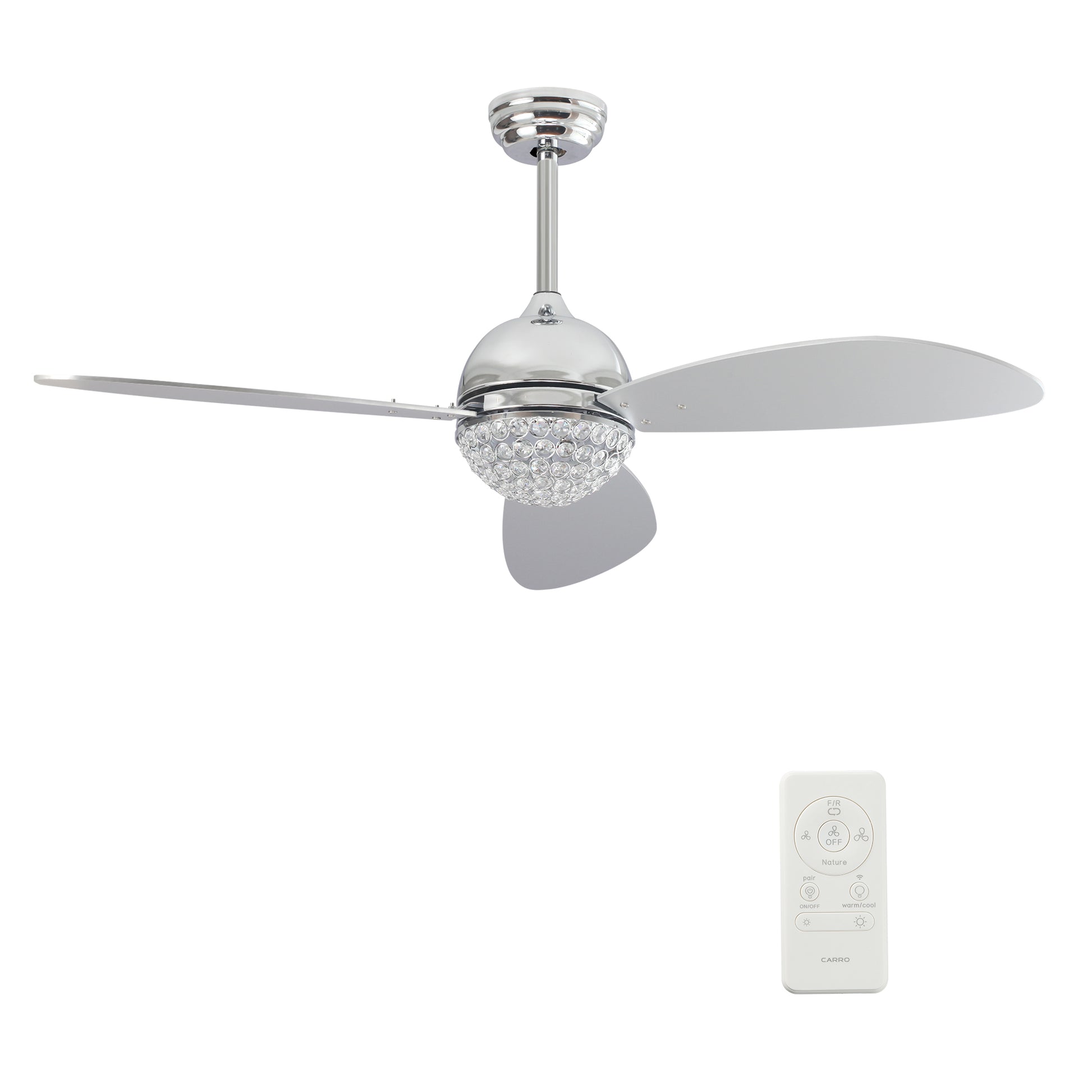 Carro COREN 52 inch 3-Blade Crystal Chandelier Smart Ceiling Fan with LED Light Kit & Remote - Silver/Silver