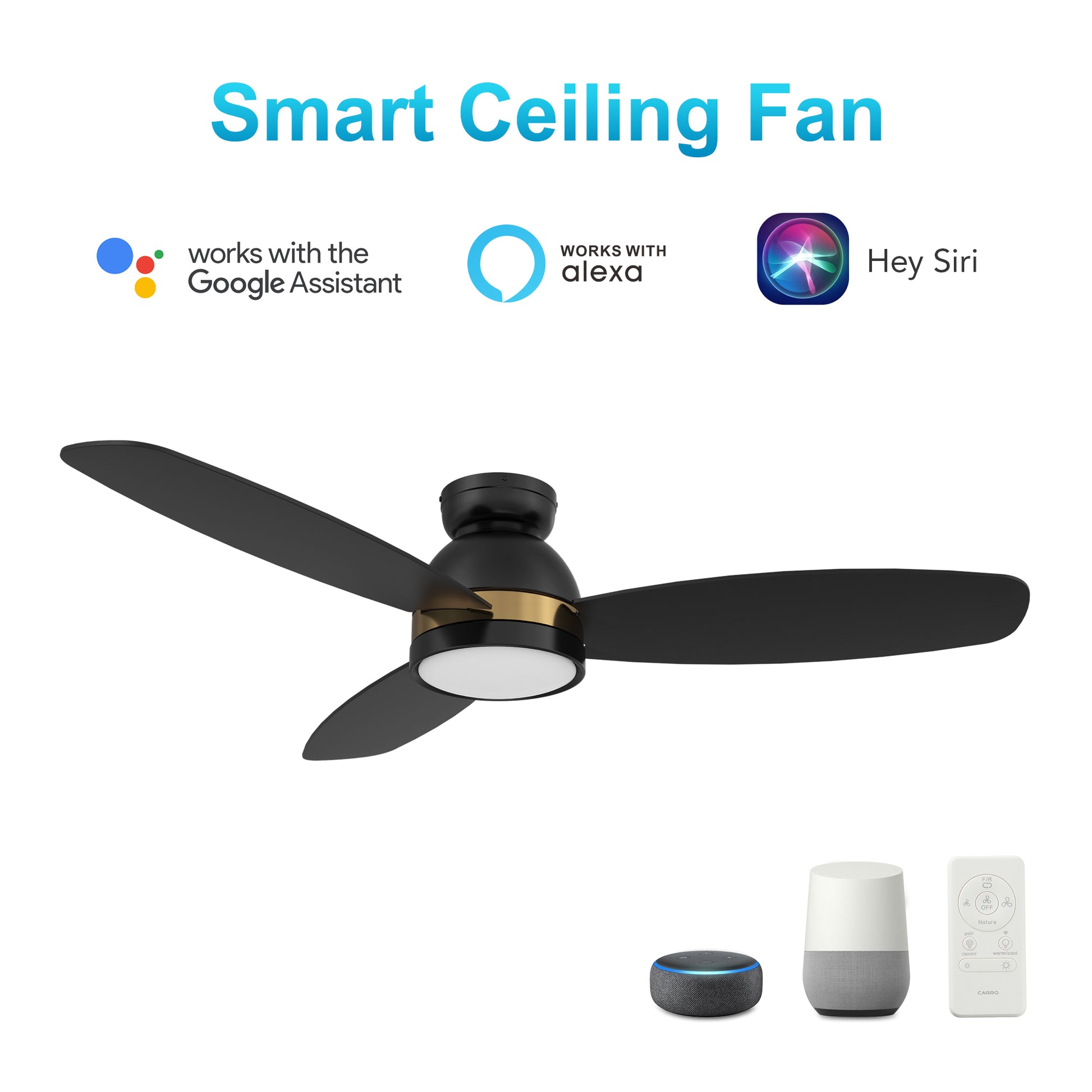 Carro FREMONT 52 inch 3-Blade Flush Mount Smart Ceiling Fan with LED Light Kit & Remote- Black/Black
