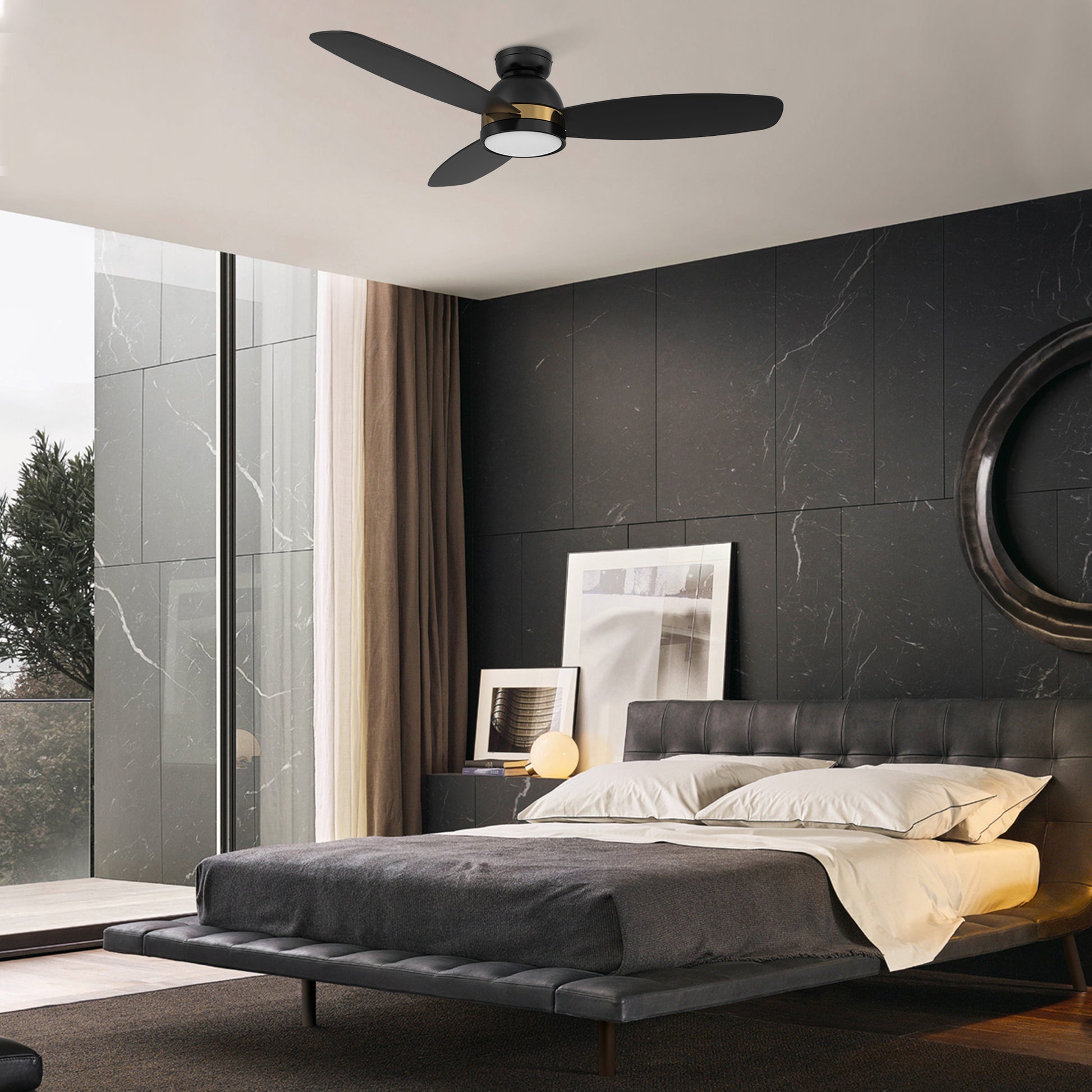 Carro FREMONT 52 inch 3-Blade Flush Mount Smart Ceiling Fan with LED Light Kit & Remote- Black/Black