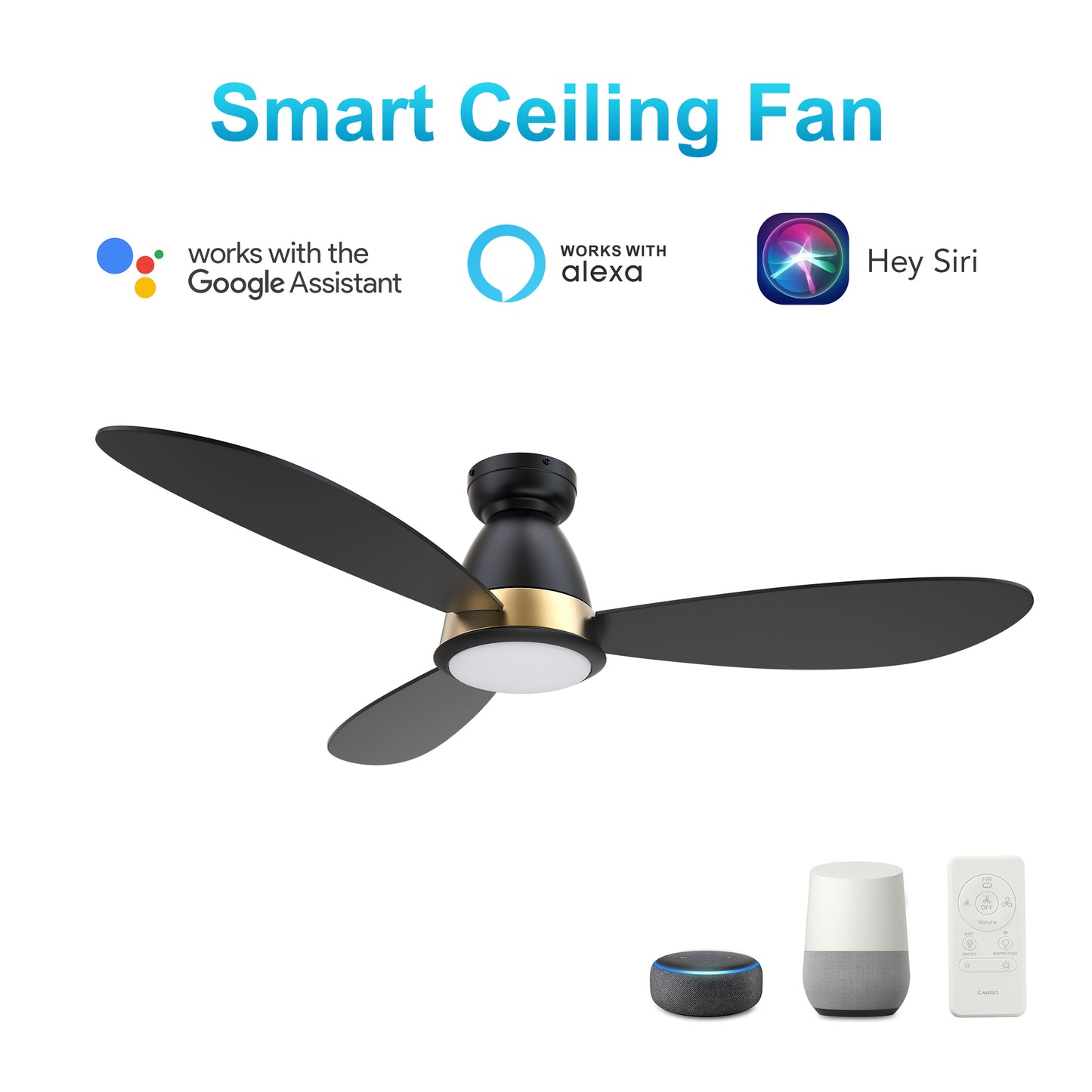 Carro YORK 3-Blade Flush Mount Smart Ceiling Fan with LED Light Kit & Remote Control- Black (Gold Details)