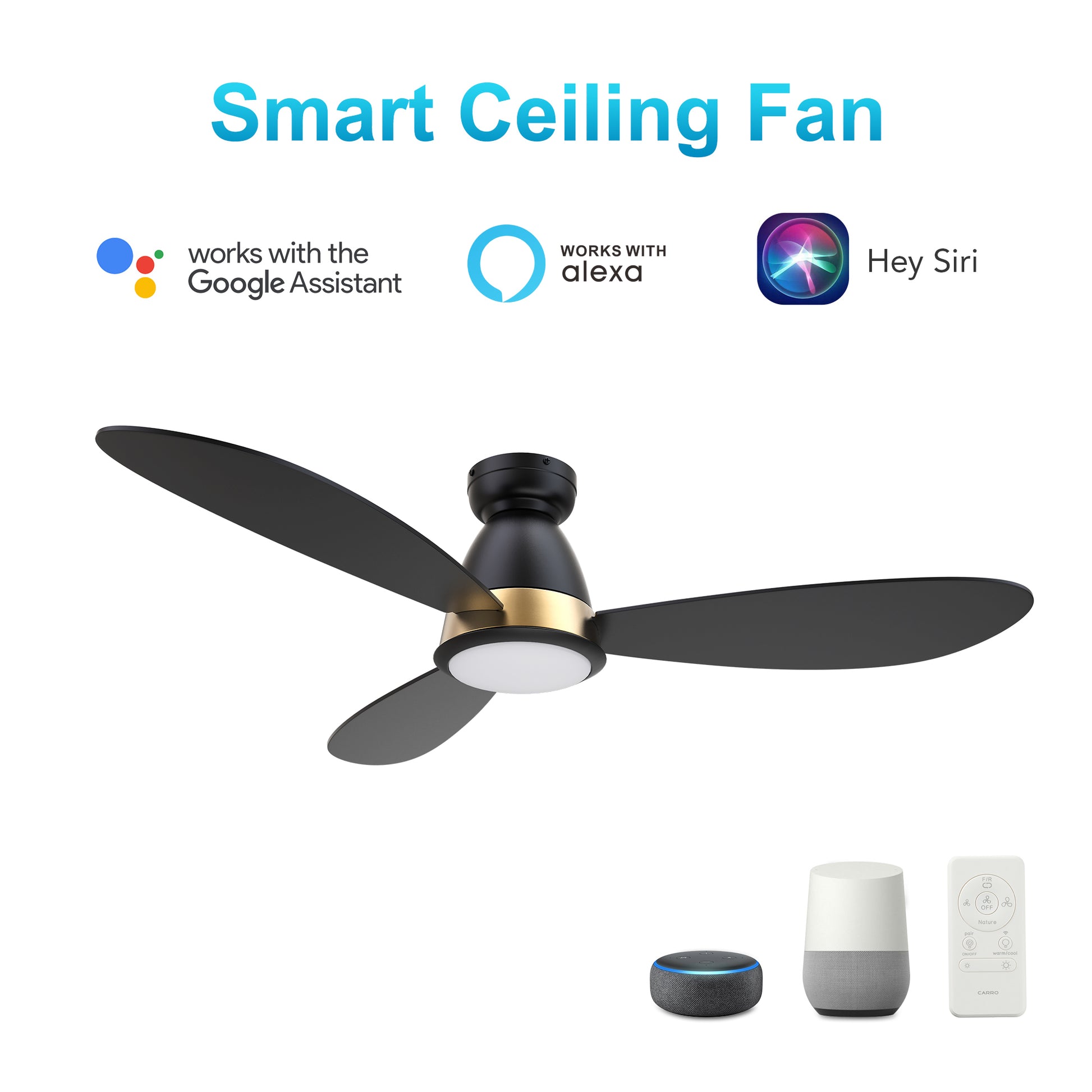 Carro YORK 3-Blade Flush Mount Smart Ceiling Fan with LED Light Kit & Remote Control- Black (Gold Details)