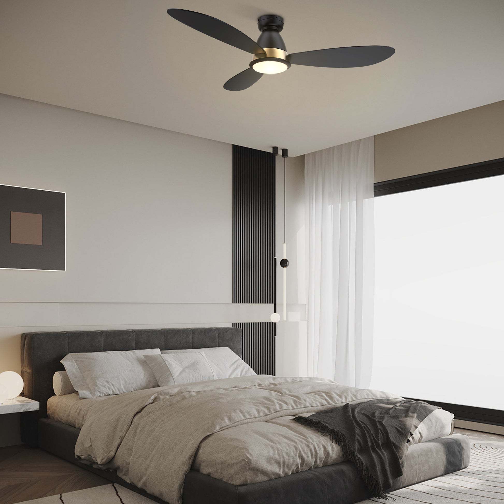 Carro YORK 3-Blade Flush Mount Smart Ceiling Fan with LED Light Kit & Remote Control- Black (Gold Details)