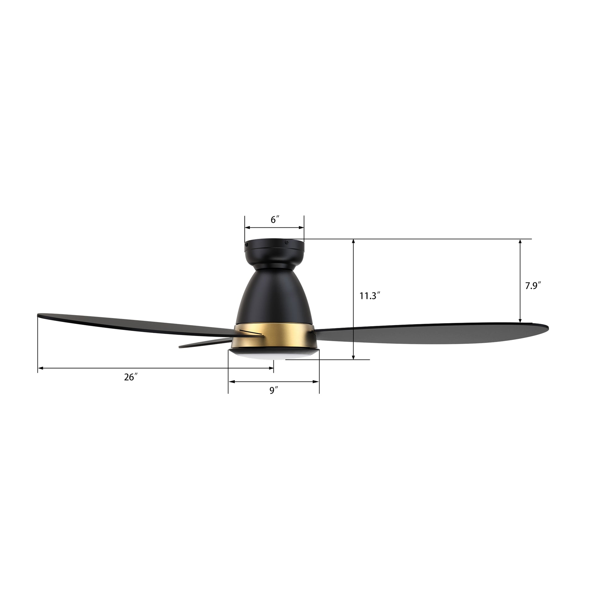 Carro YORK 3-Blade Flush Mount Smart Ceiling Fan with LED Light Kit & Remote Control- Black (Gold Details)