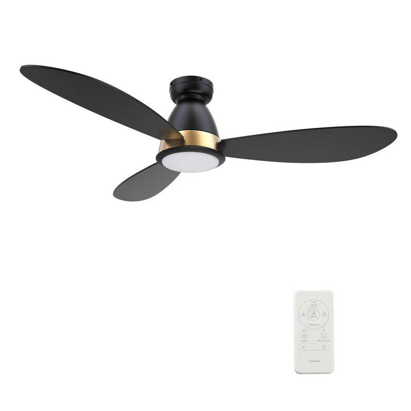 Carro YORK 3-Blade Flush Mount Smart Ceiling Fan with LED Light Kit & Remote Control- Black (Gold Details)