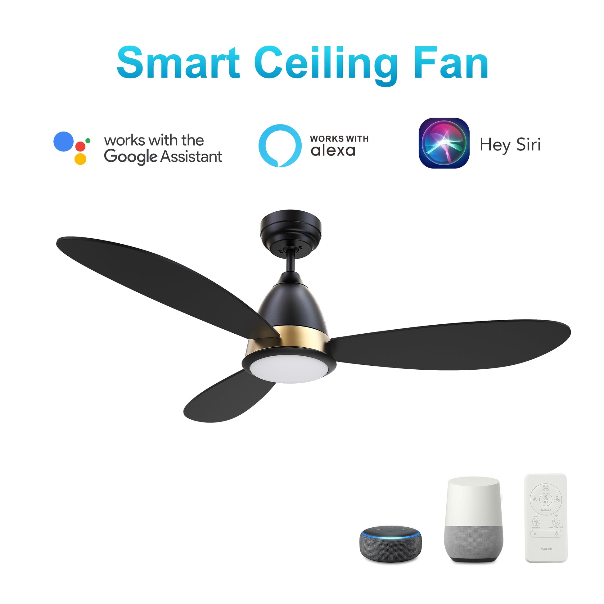 Carro YORK 3-Blade Smart Ceiling Fan with LED Light Kit & Remote Control- Black/Black (Gold Details)