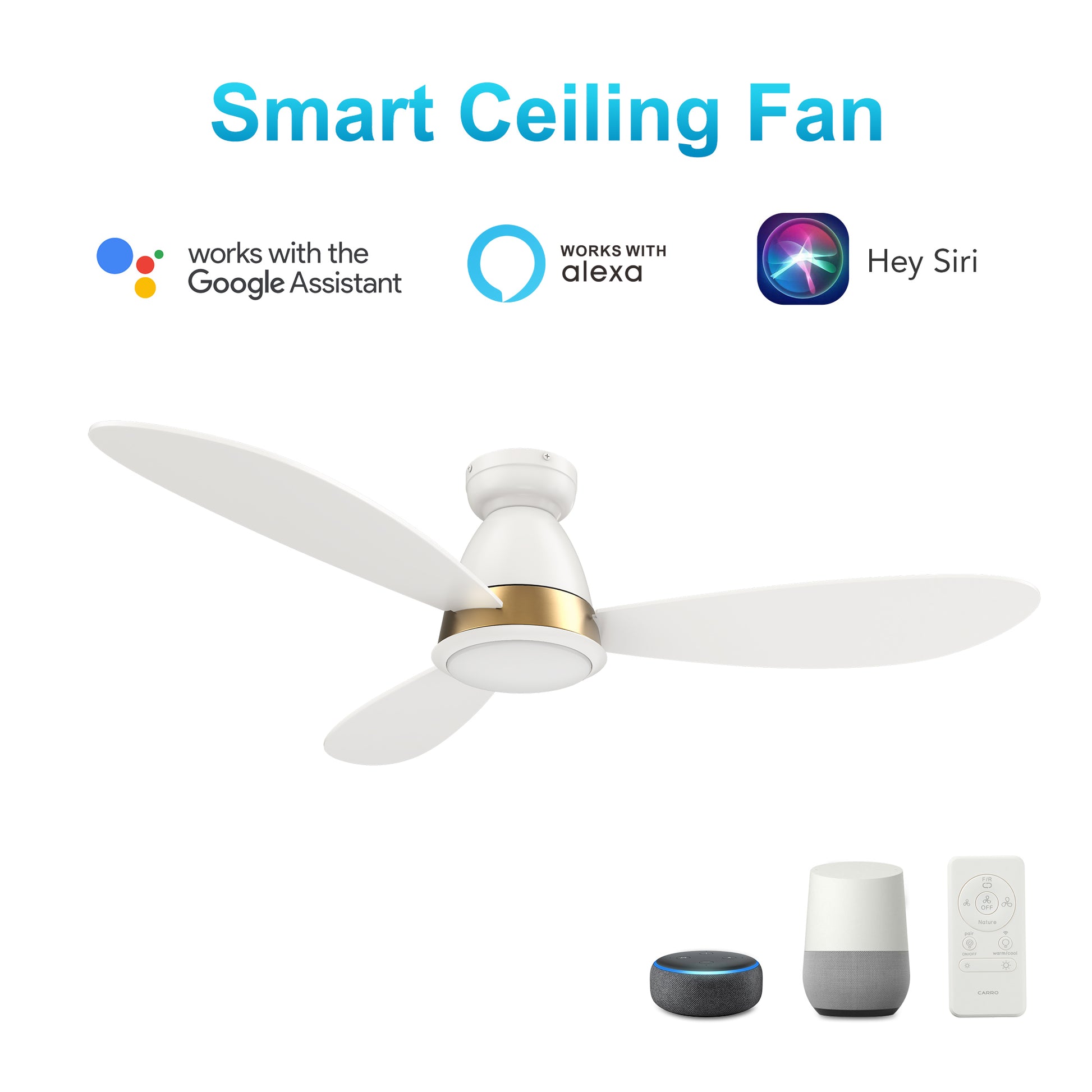 Carro YORK 3-Blade Flush Mount Smart Ceiling Fan with LED Light Kit & Remote Control- White/White (Gold Details)