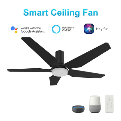 Carro Home WOODROW 52 inch Flush Mount 5-Blade Smart Ceiling Fan with LED Light Kit & Remote - Black/Black Fan Blades